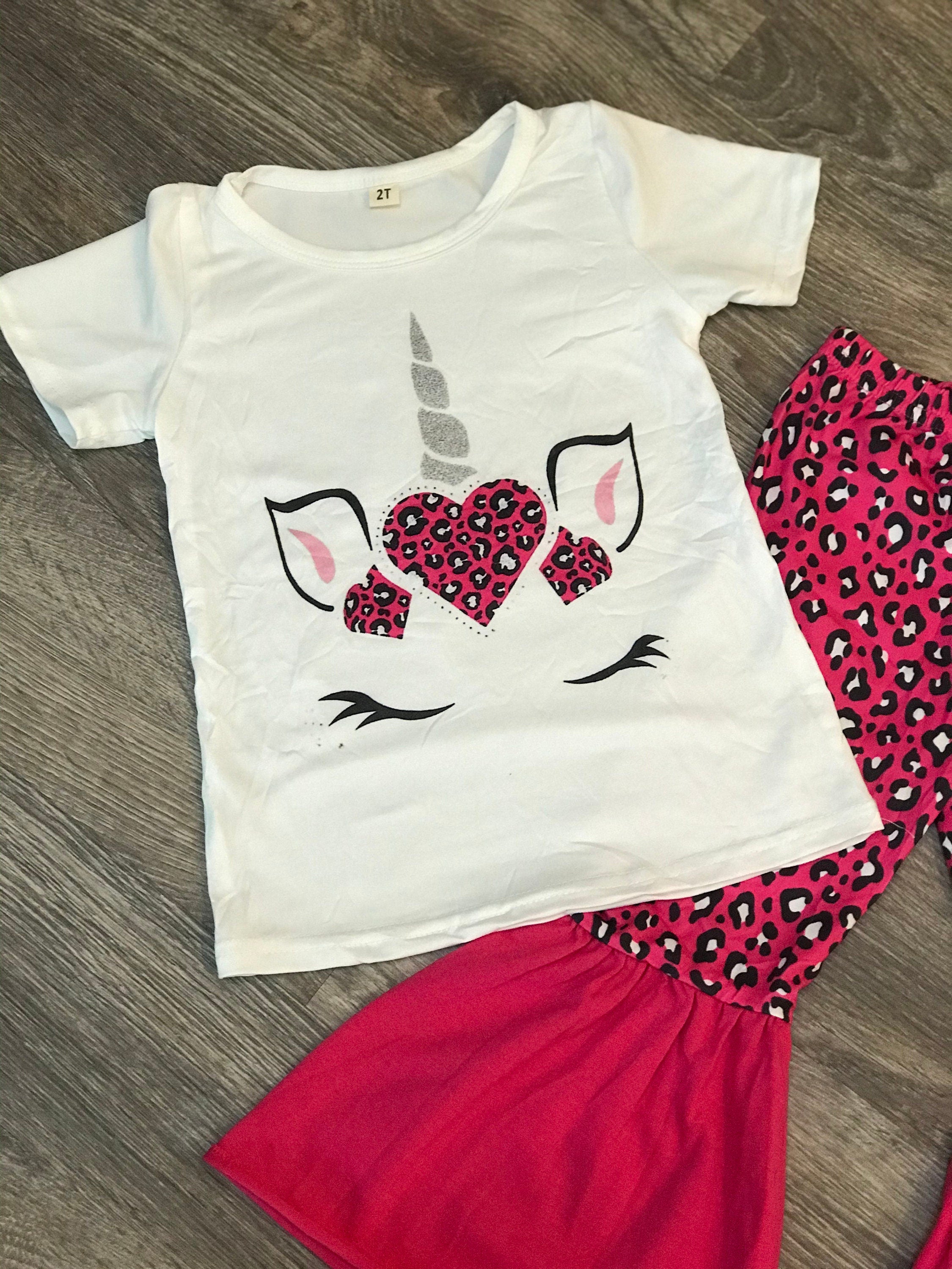 Toddler, Girls Unicorn Cheetah Bell Bottom Outfit / Hot Pink Leopard Unicorn Flares