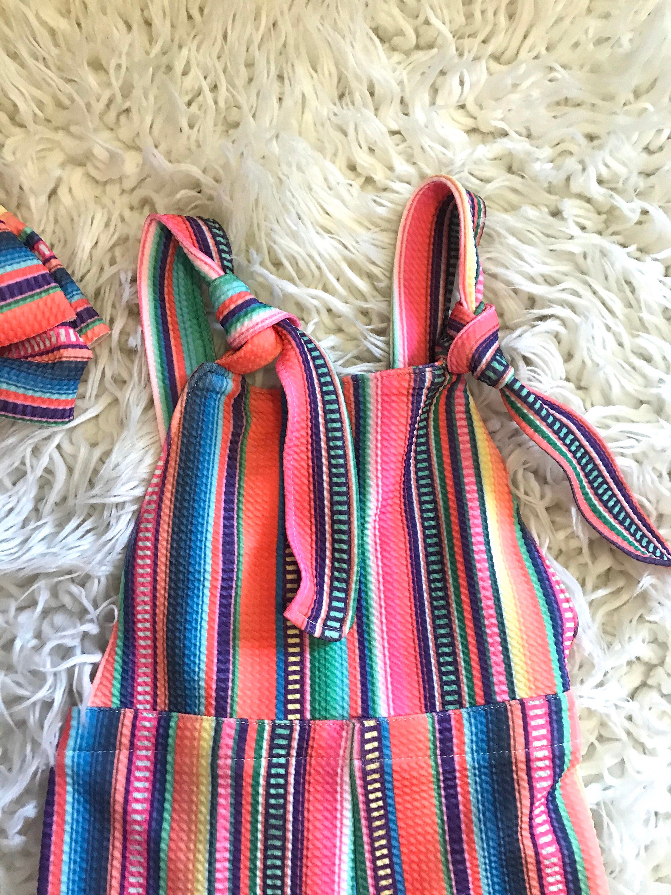 Toddler Girls Serape, Denim Jumpsuit - Serape Stripe Overalls, BOHO Suspender Pants, Western Toddler Outfit With adjustable shoulder straps, you'll get a perfect fit that grows with your child. Comfortable, versatile, and oh-so-fun!