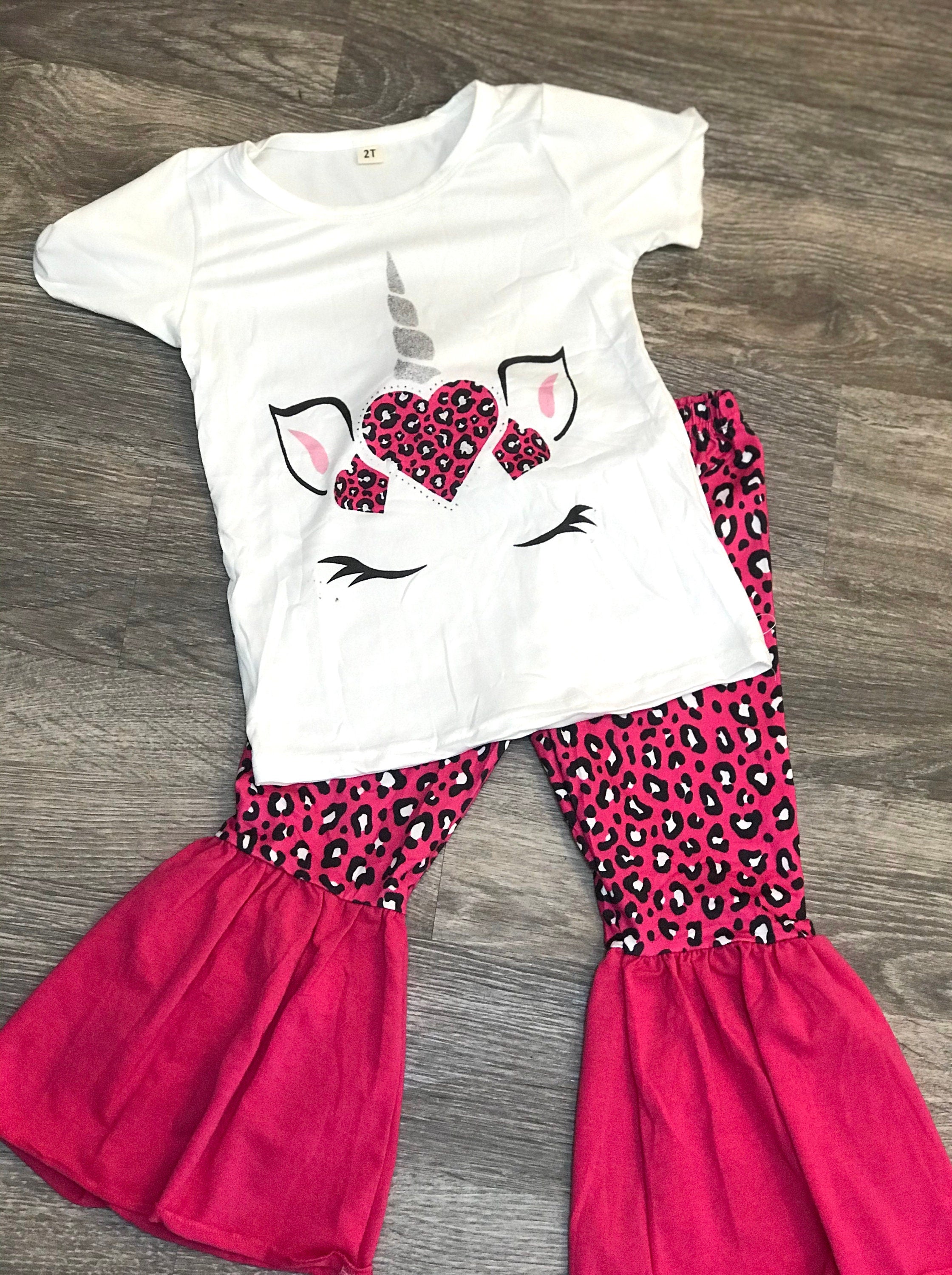 Toddler, Girls Unicorn Cheetah Bell Bottom Outfit / Hot Pink Leopard Unicorn Flares