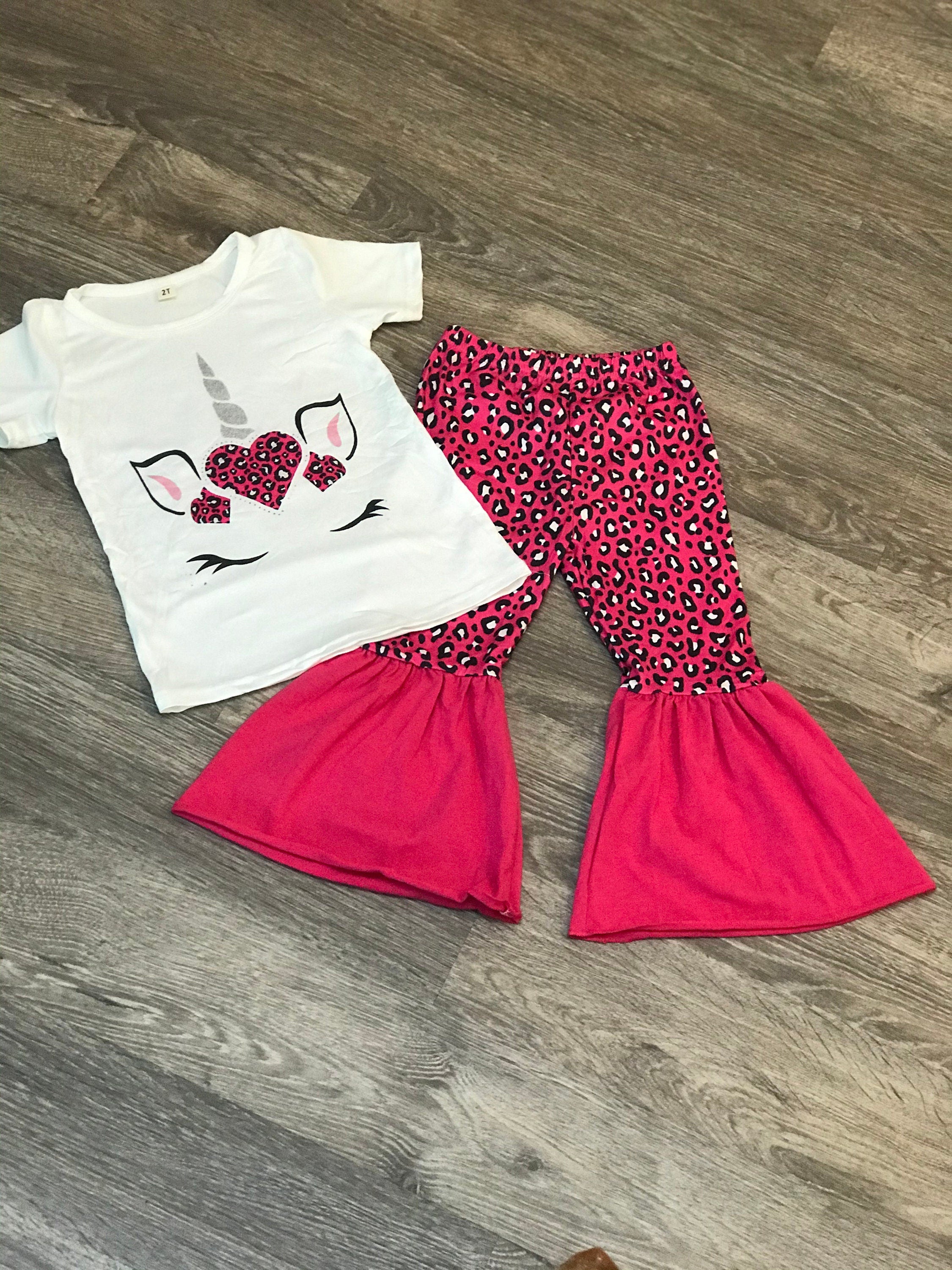 Toddler, Girls Unicorn Cheetah Bell Bottom Outfit / Hot Pink Leopard Unicorn Flares