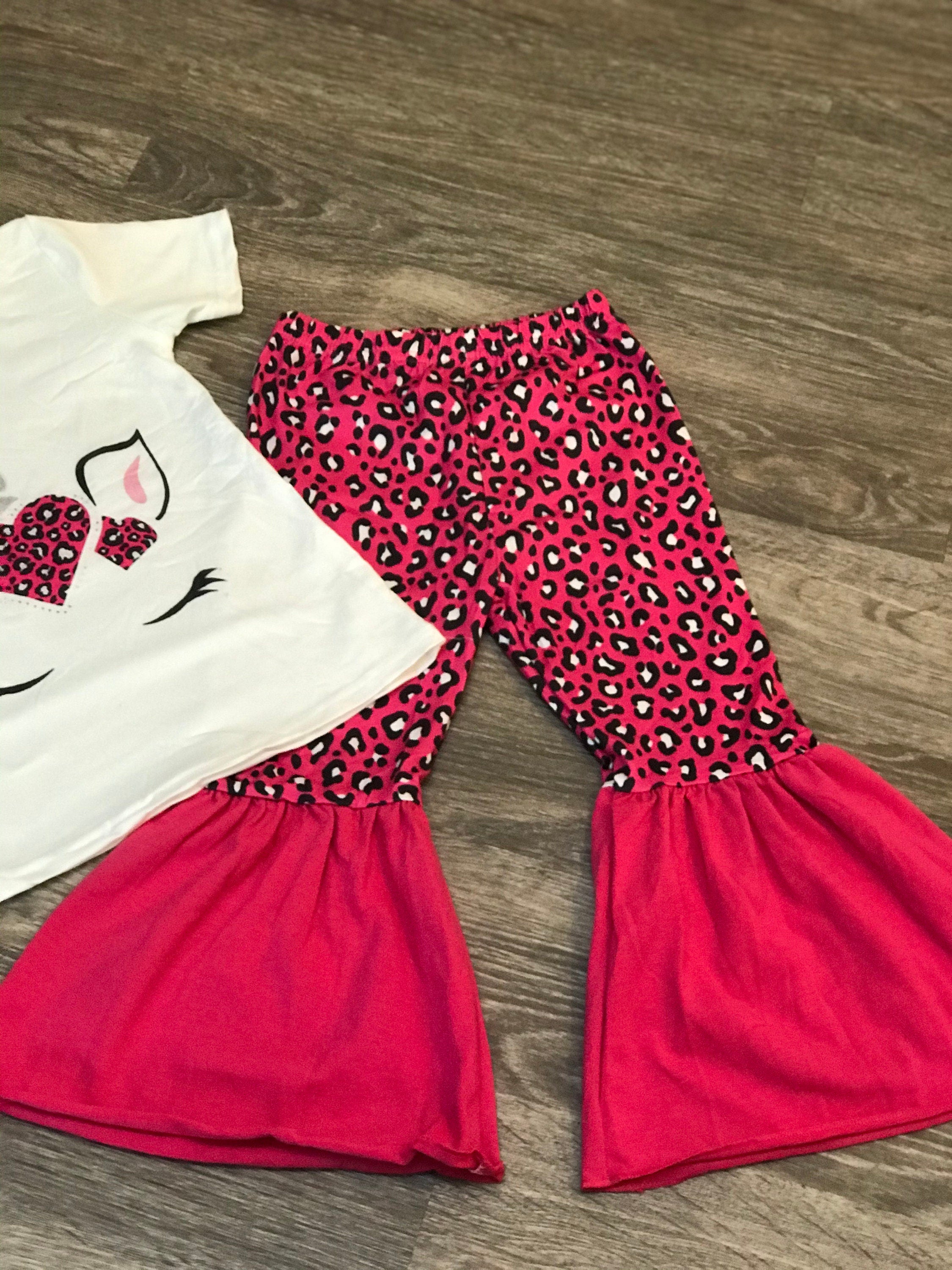 Toddler, Girls Unicorn Cheetah Bell Bottom Outfit / Hot Pink Leopard Unicorn Flares