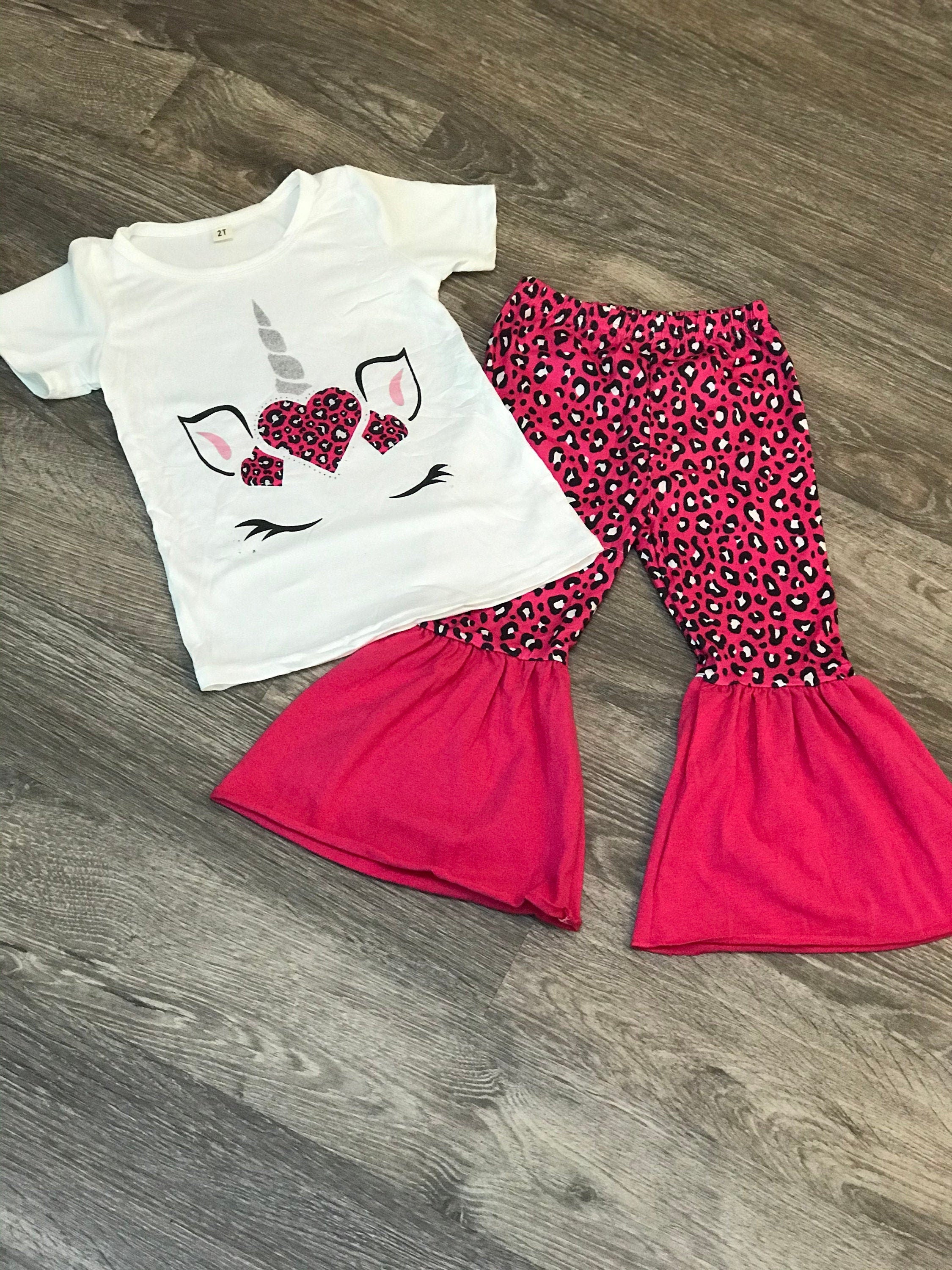 Toddler, Girls Unicorn Cheetah Bell Bottom Outfit / Hot Pink Leopard Unicorn Flares