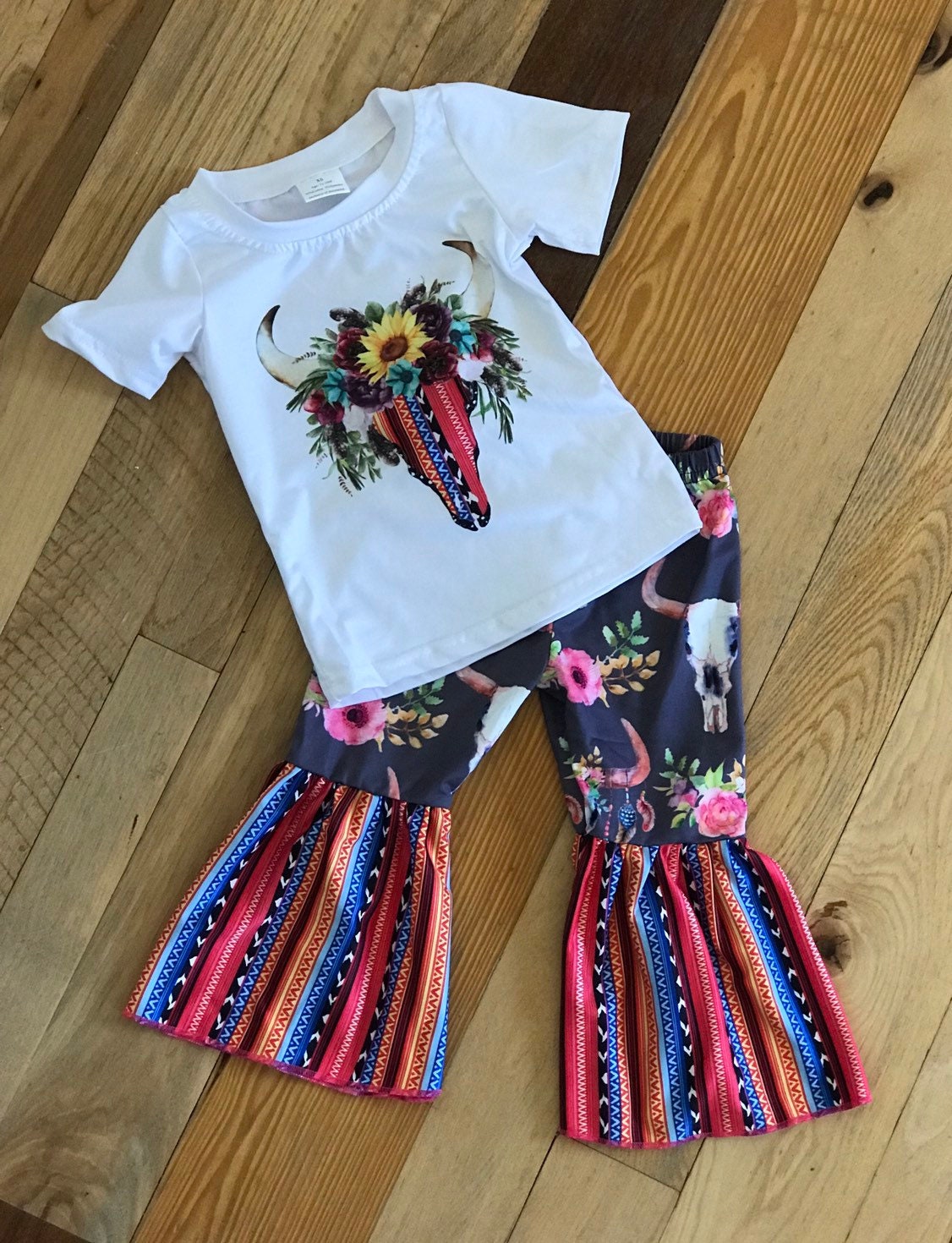 Girls' Cowgirl Bell Bottom Outfit: Steer Skull Sunflower Shirt -Razels