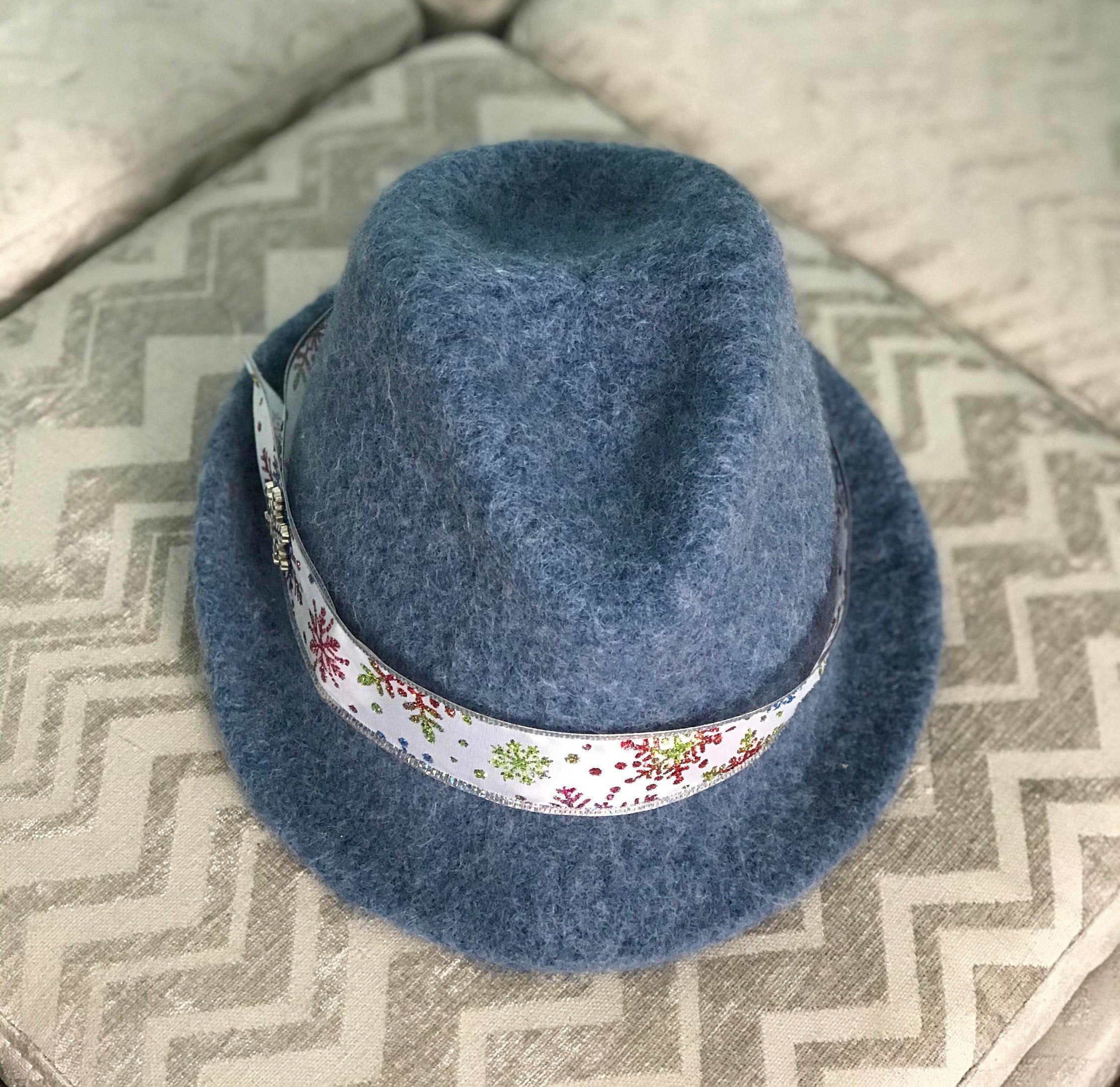 Blue Christmas Wool Hat, Felted Blue Womens Fedora