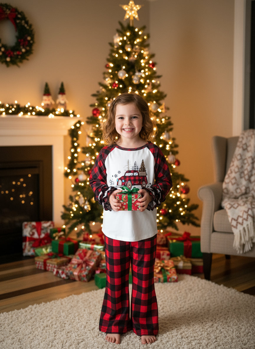 girls christmas outfits featuring red and black checkered buffalo plaid trouser pants and your choice of Merry Christmas or It's the Most Wonderful Time of the Year Long Sleeve Shirts