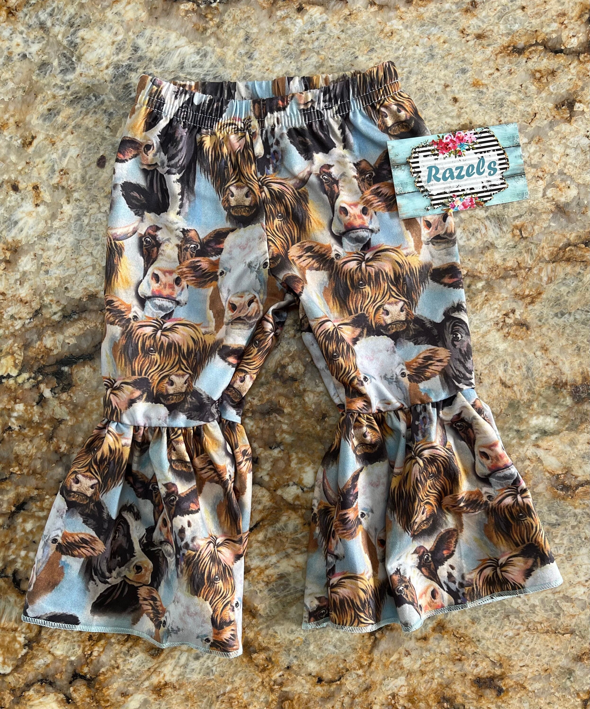 Girls 4t Cow Bell Bottom Outfit, Free Range Babe Bell Bottom Set, Cow Flare Pants -Razels