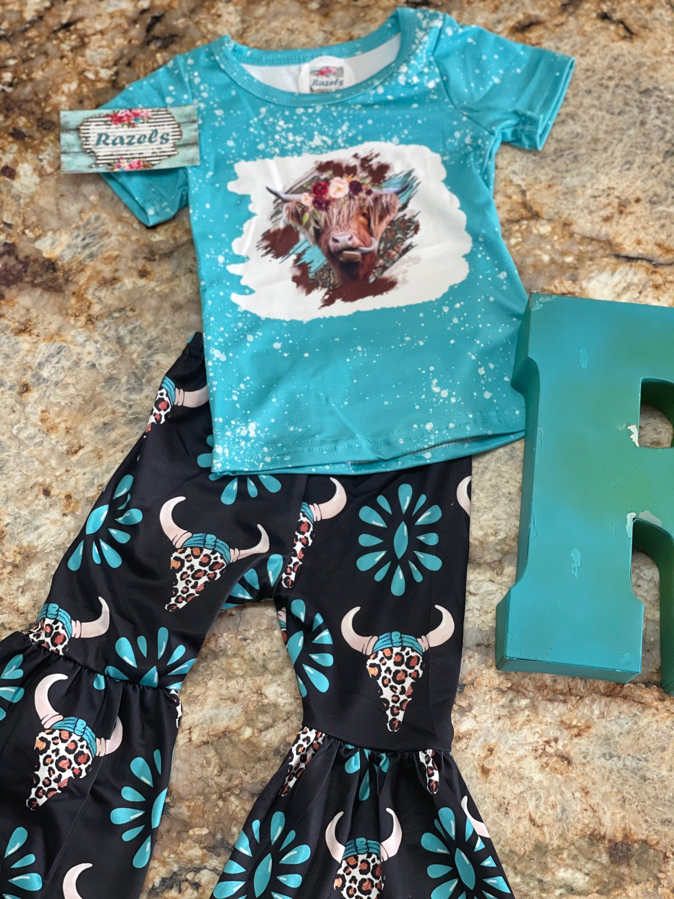 Scottish Highlander Cowgirl Bell Bottom Set | Girls Western Outfit | Cow Skull Bell Bottoms | Razels Boutique