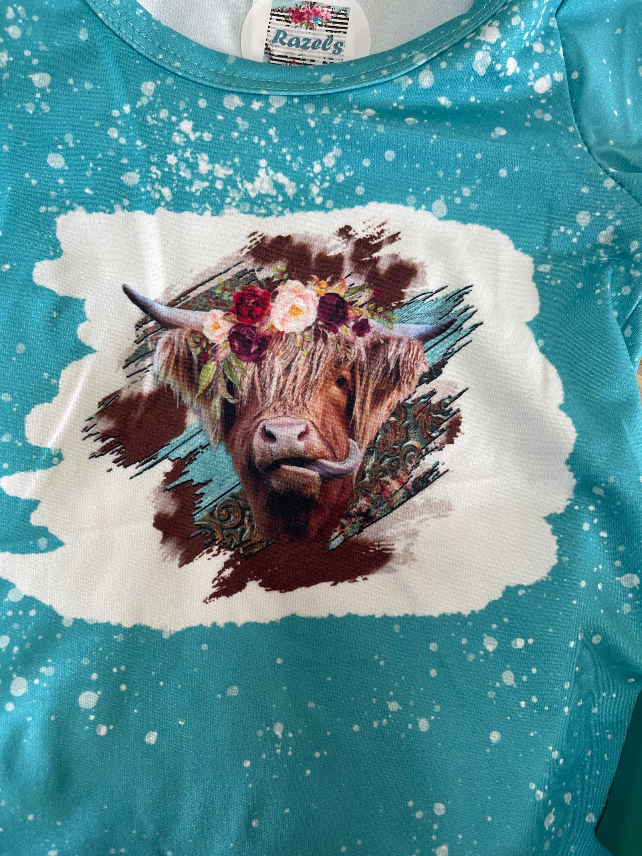 Scottish Highlander Cowgirl Bell Bottom Set | Girls Western Outfit | Cow Skull Bell Bottoms | Razels Boutique