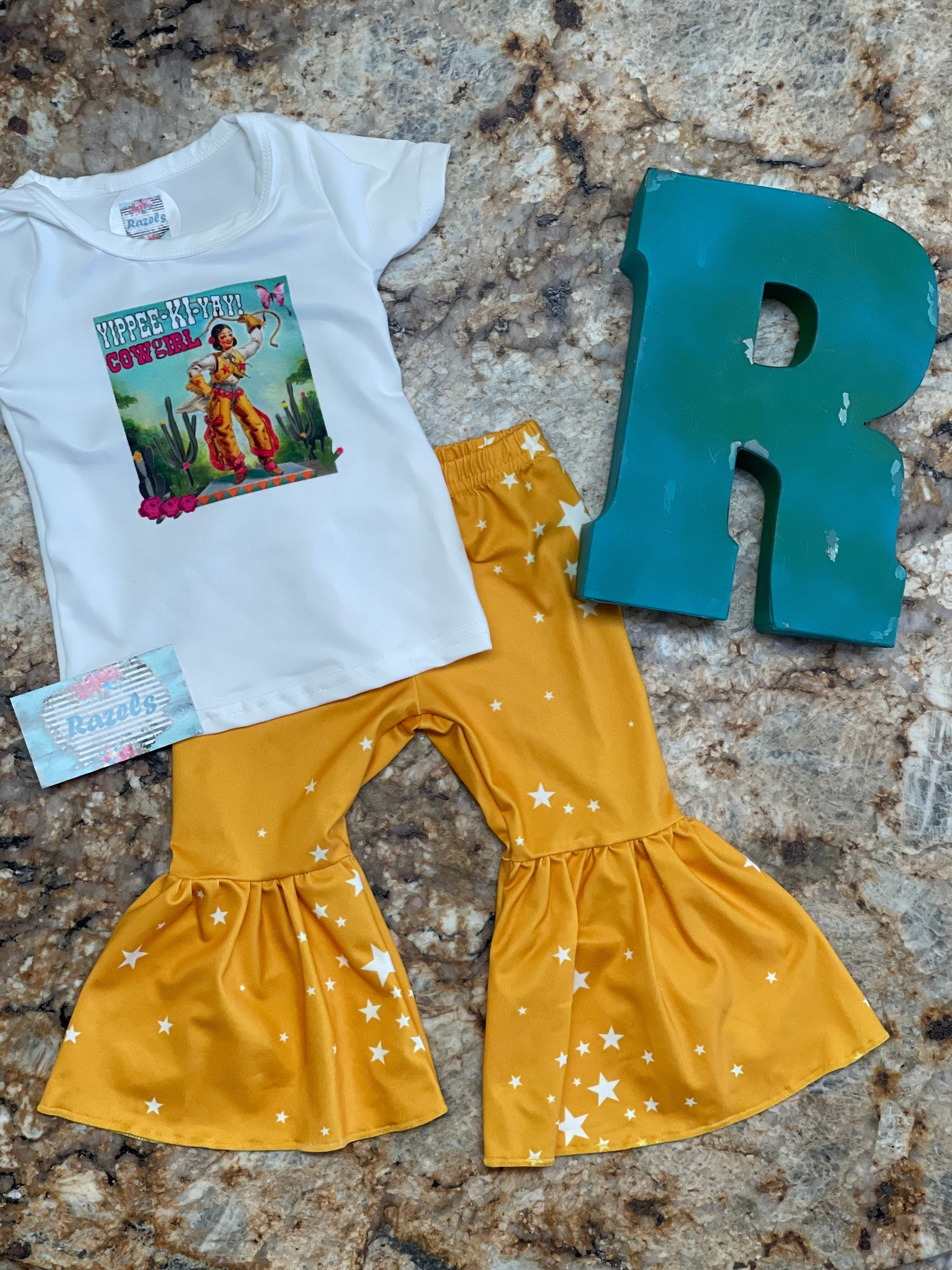 Yippee Ki Yay Cowgirl Bell Bottom Outfit, mustard yellow star flares