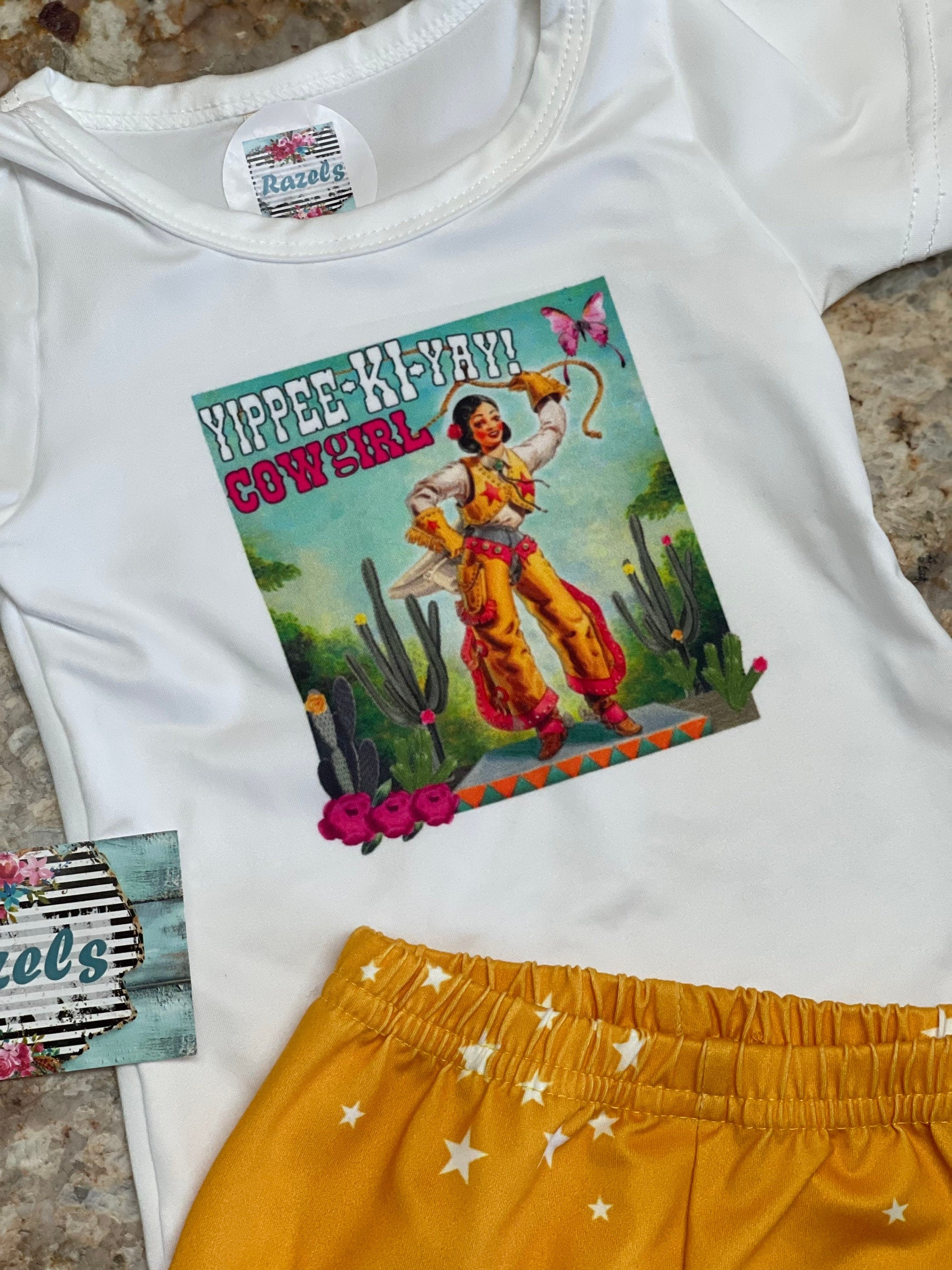 Yippee Ki Yay Cowgirl Bell Bottom Outfit, mustard yellow star flares