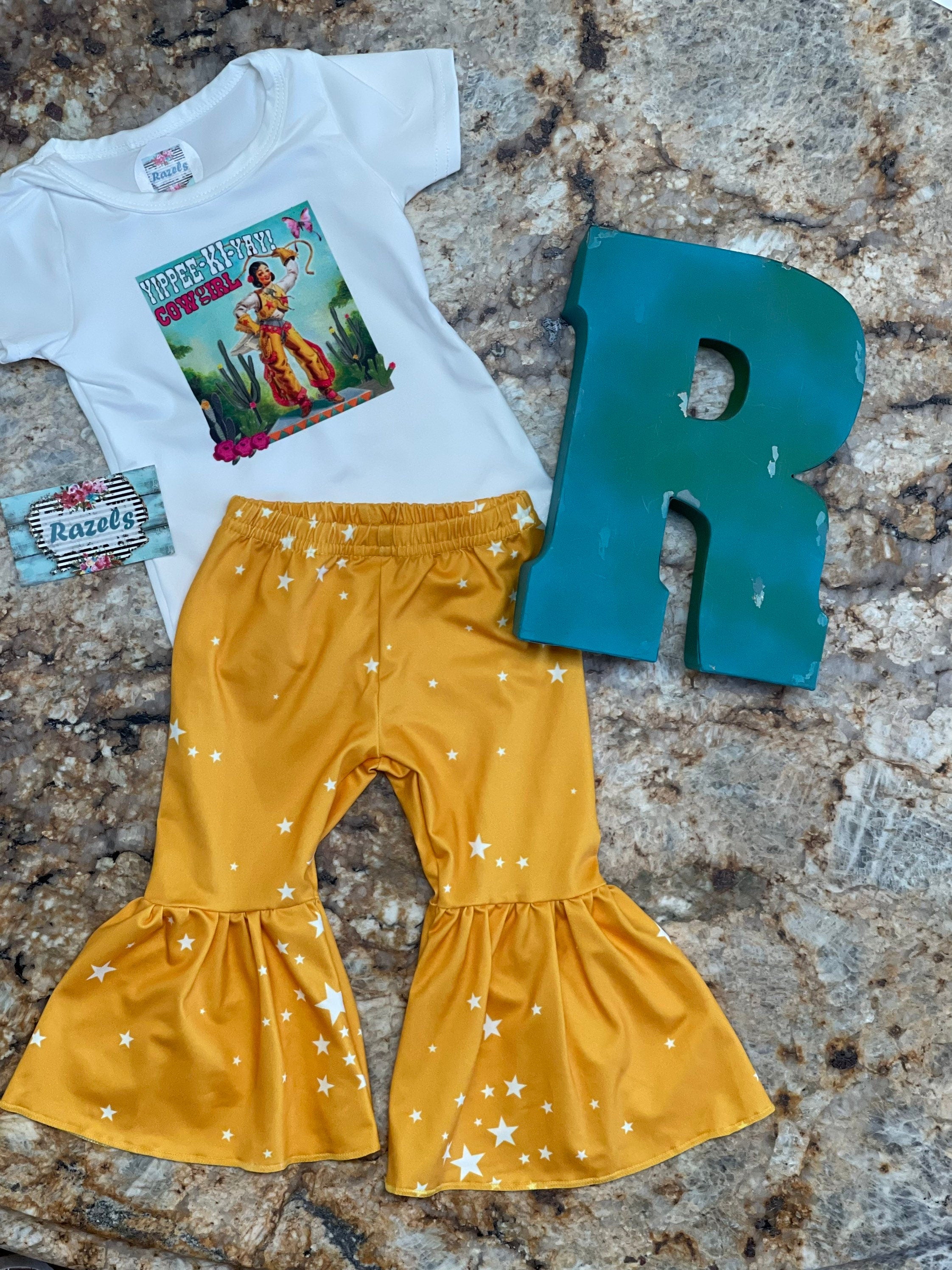 Yippee Ki Yay Cowgirl Bell Bottom Outfit, mustard yellow star flares