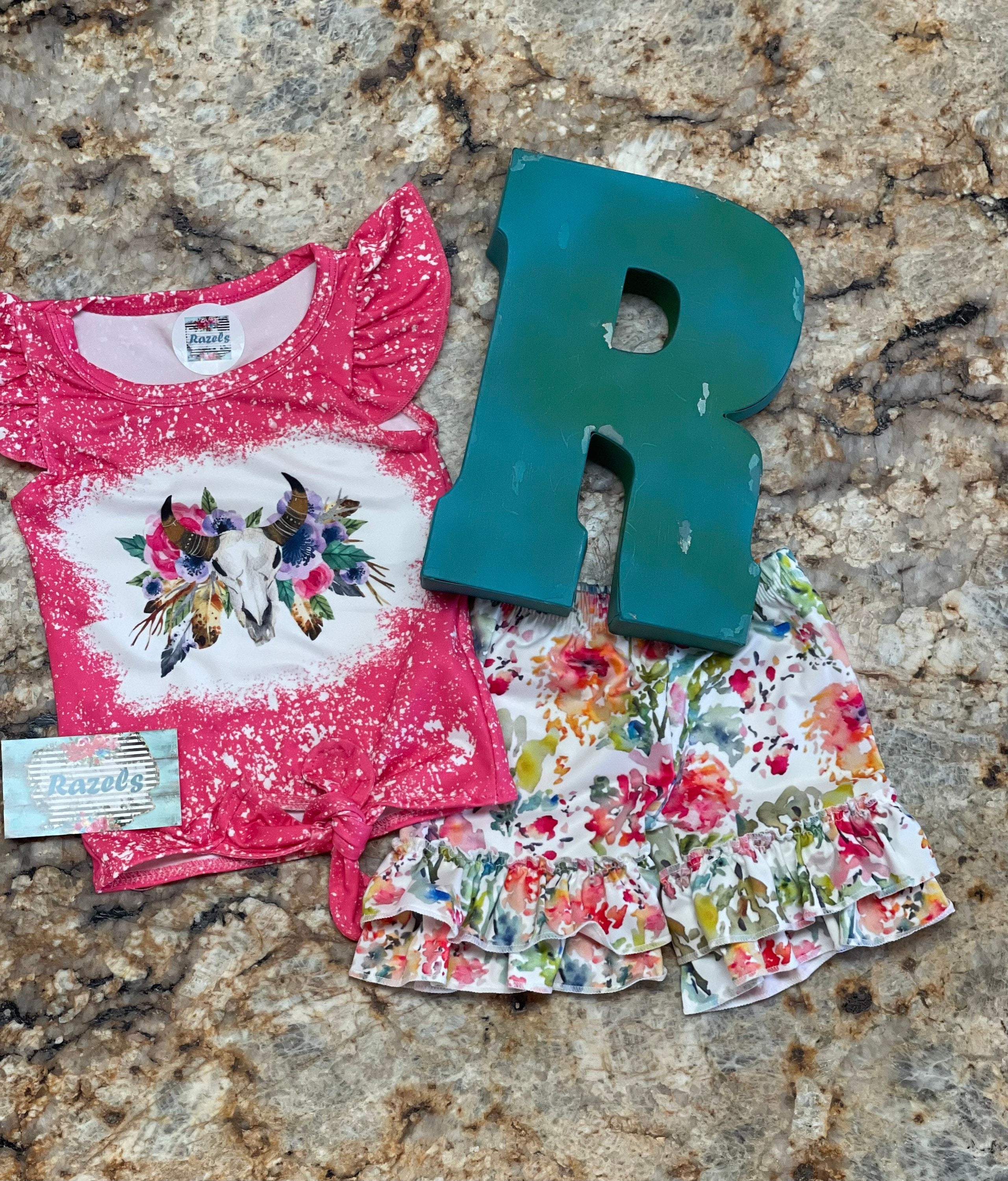 Cowgirl BOHO Short Set for Girls | Ruffle Sleeve Tee & Floral Ruffle Shorts, Cow Skull Design -Razels