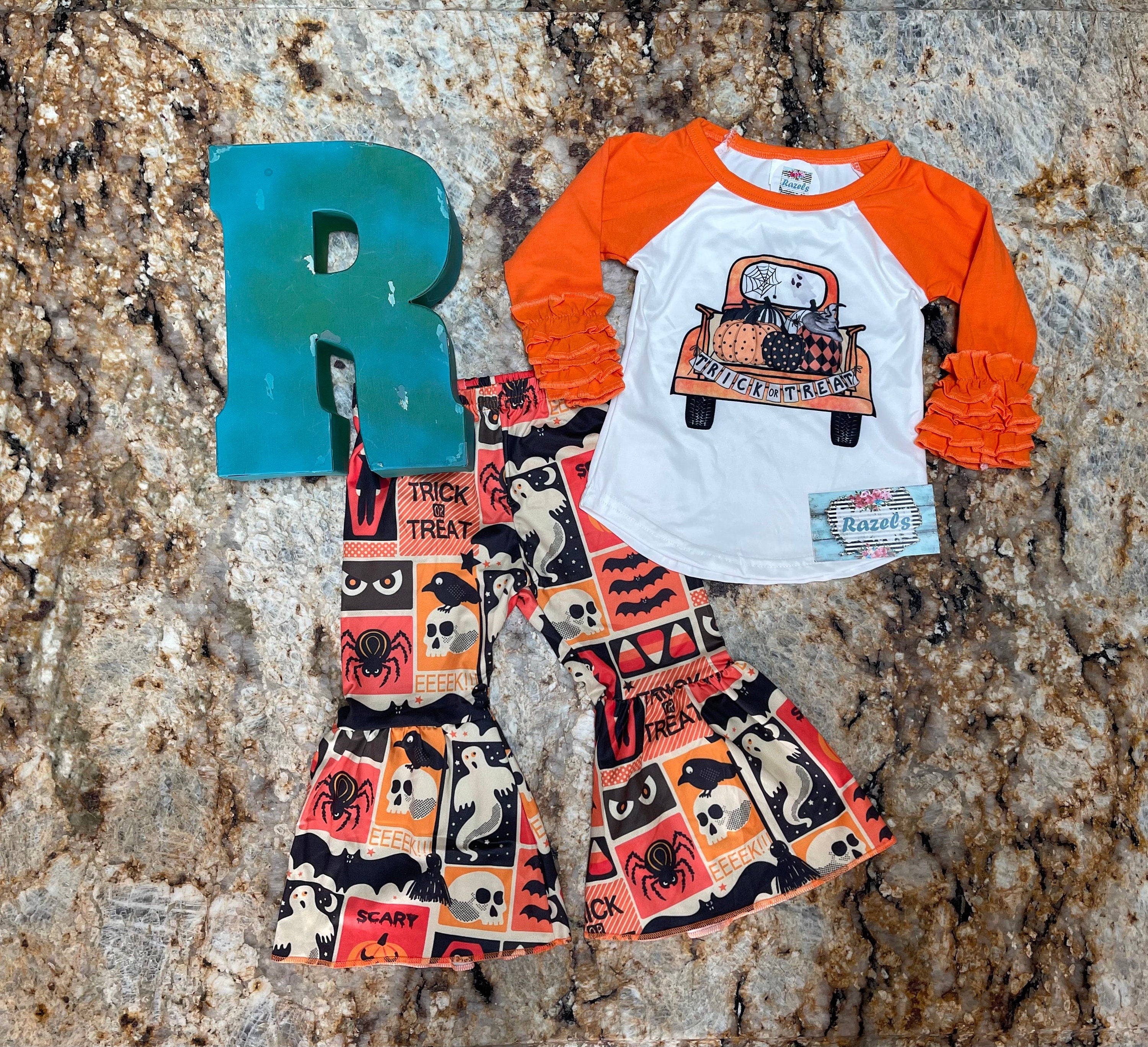 GirlsHalloween Bell Bottom Outfit. Halloween Truck Trick or Treat