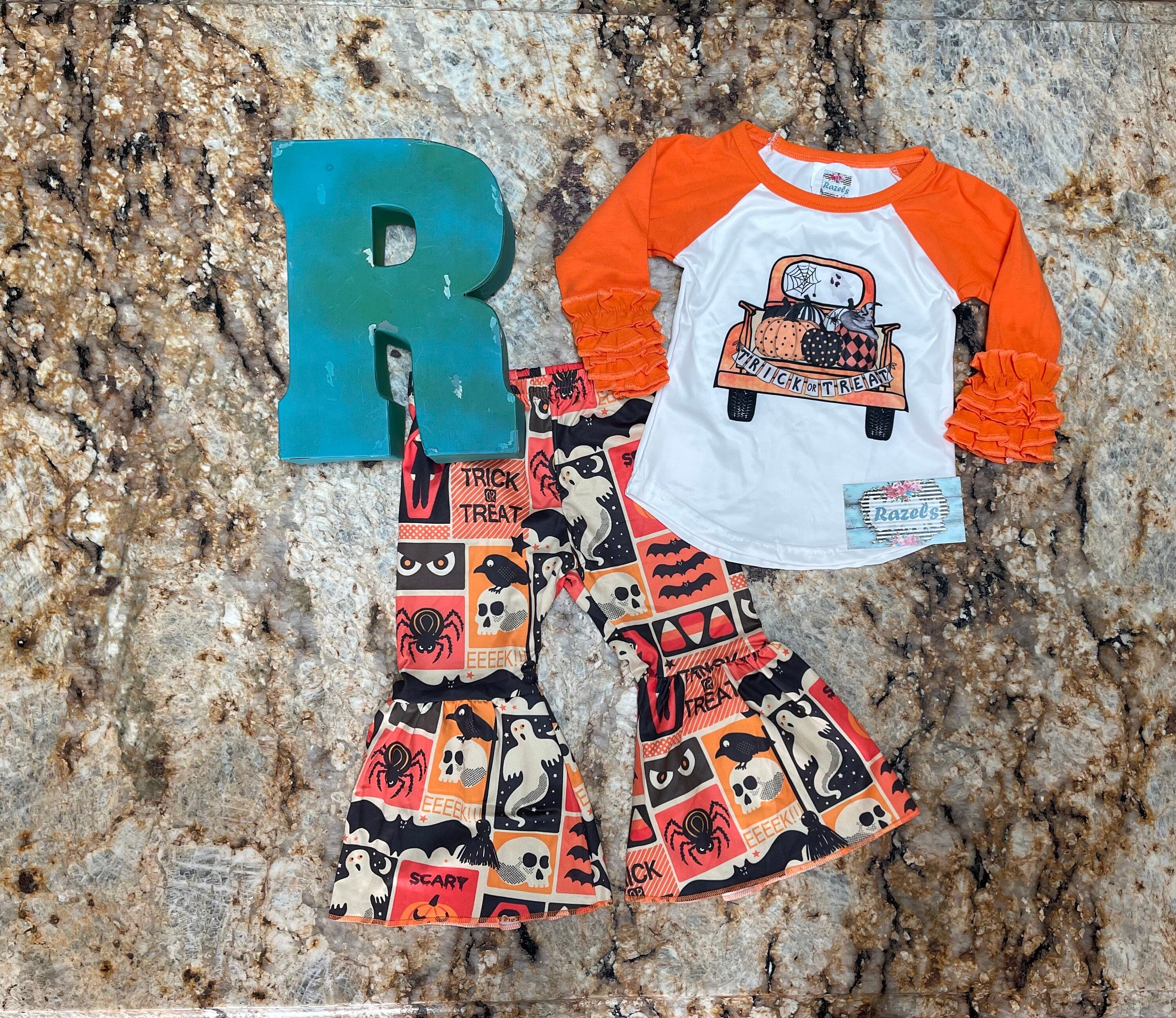 GirlsHalloween Bell Bottom Outfit. Halloween Truck Trick or Treat