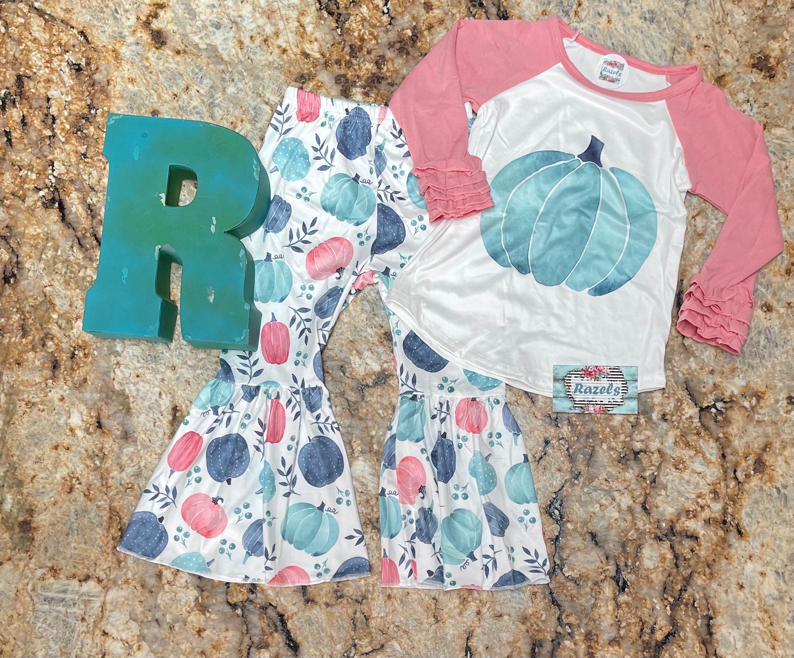 Girls 3t Pumpkin Outfit, Pink and Turquoise Pumpkin Bell Bottoms and Ruffle Sleeve Pumpkin Shirt, FALL Baseball Tee