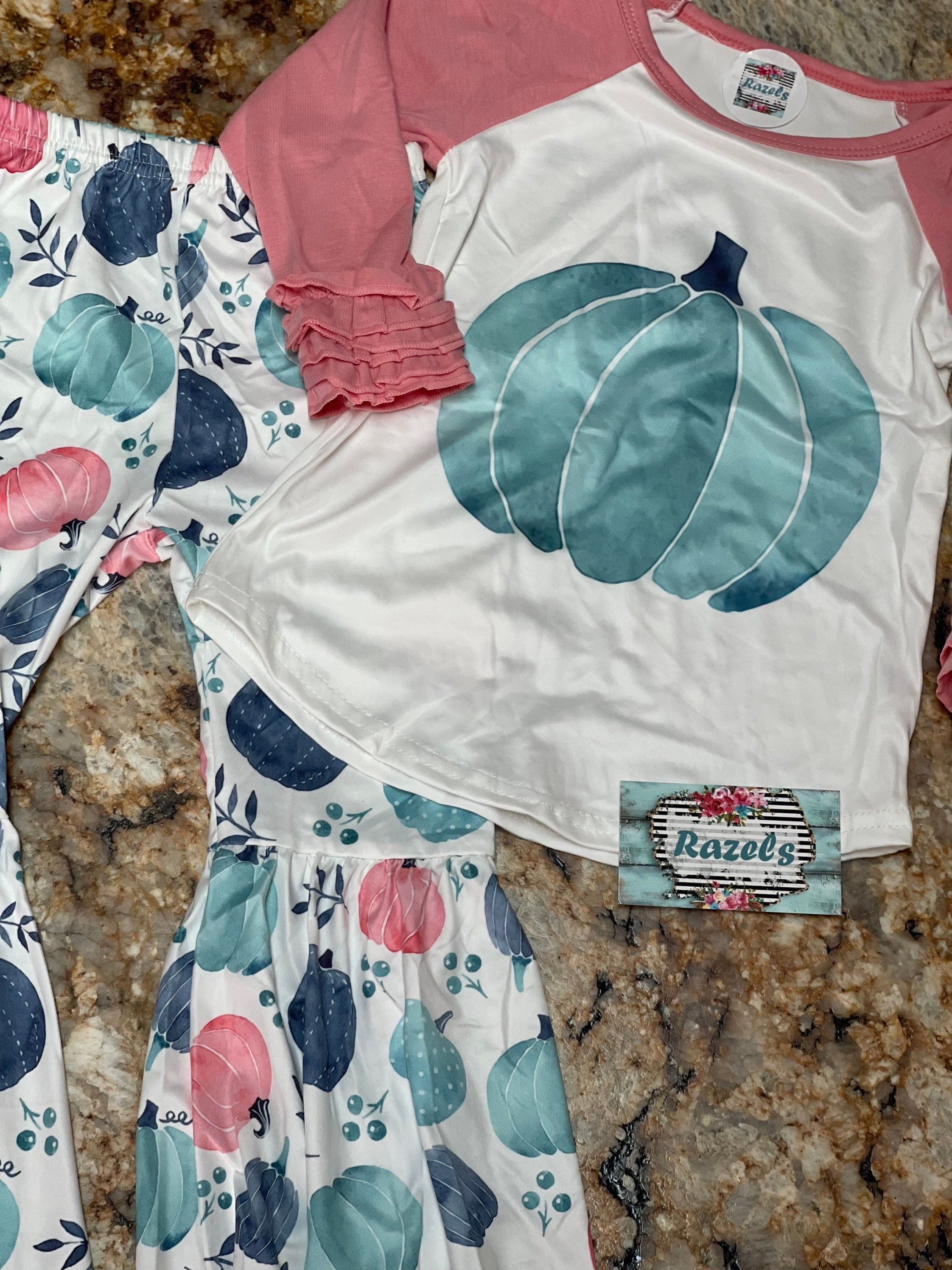 Girls 3t Pumpkin Outfit, Pink and Turquoise Pumpkin Bell Bottoms and Ruffle Sleeve Pumpkin Shirt, FALL Baseball Tee