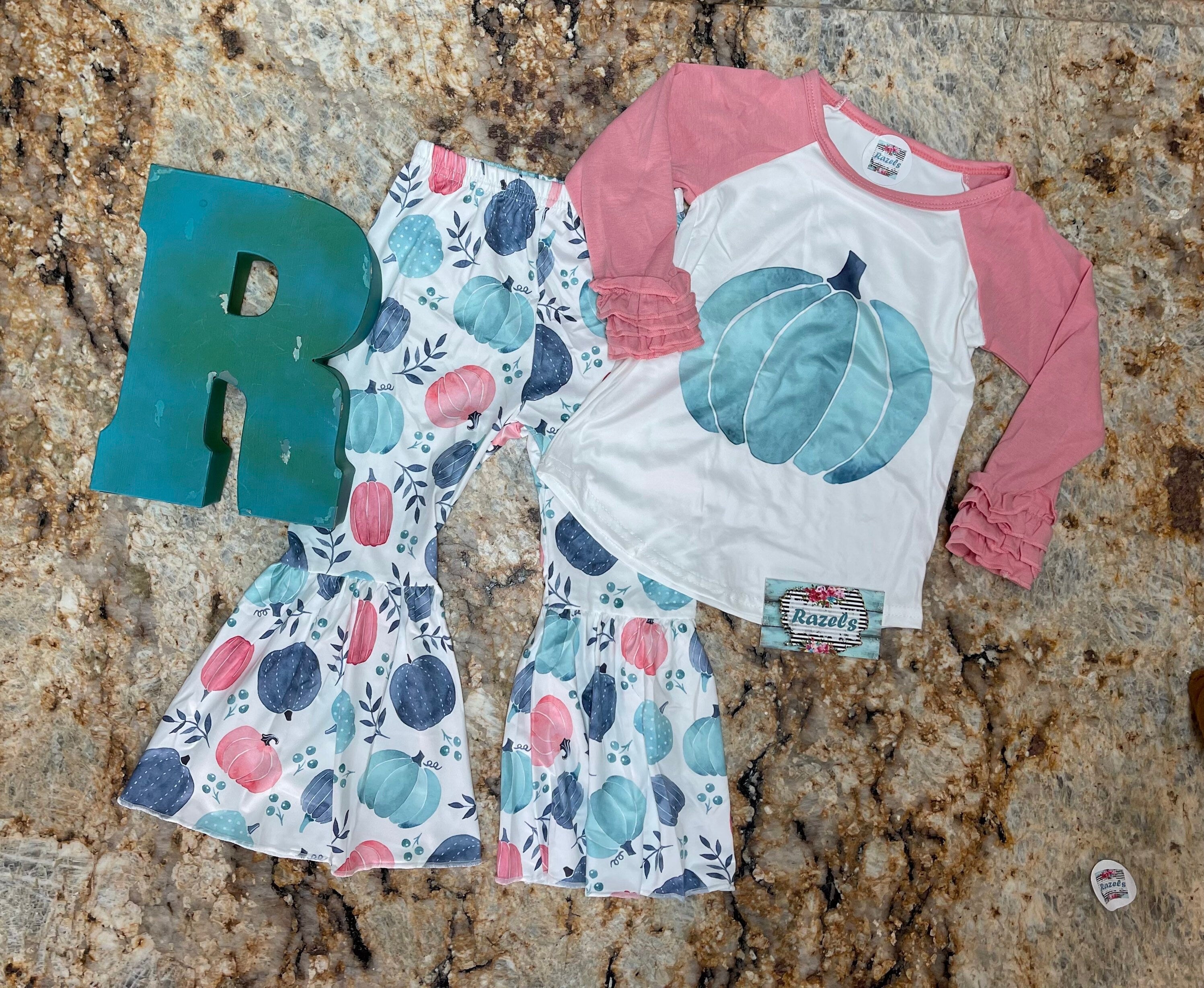 Girls 3t Pumpkin Outfit, Pink and Turquoise Pumpkin Bell Bottoms and Ruffle Sleeve Pumpkin Shirt, FALL Baseball Tee