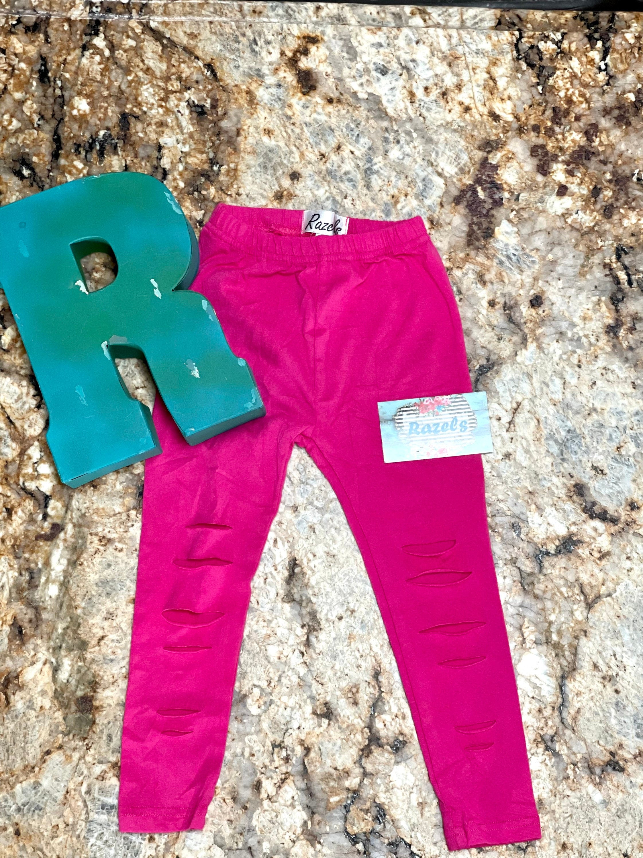 Toddler Girls Ripped Leggings Size 4 5, Hot Pink Distressed Pants -Razels