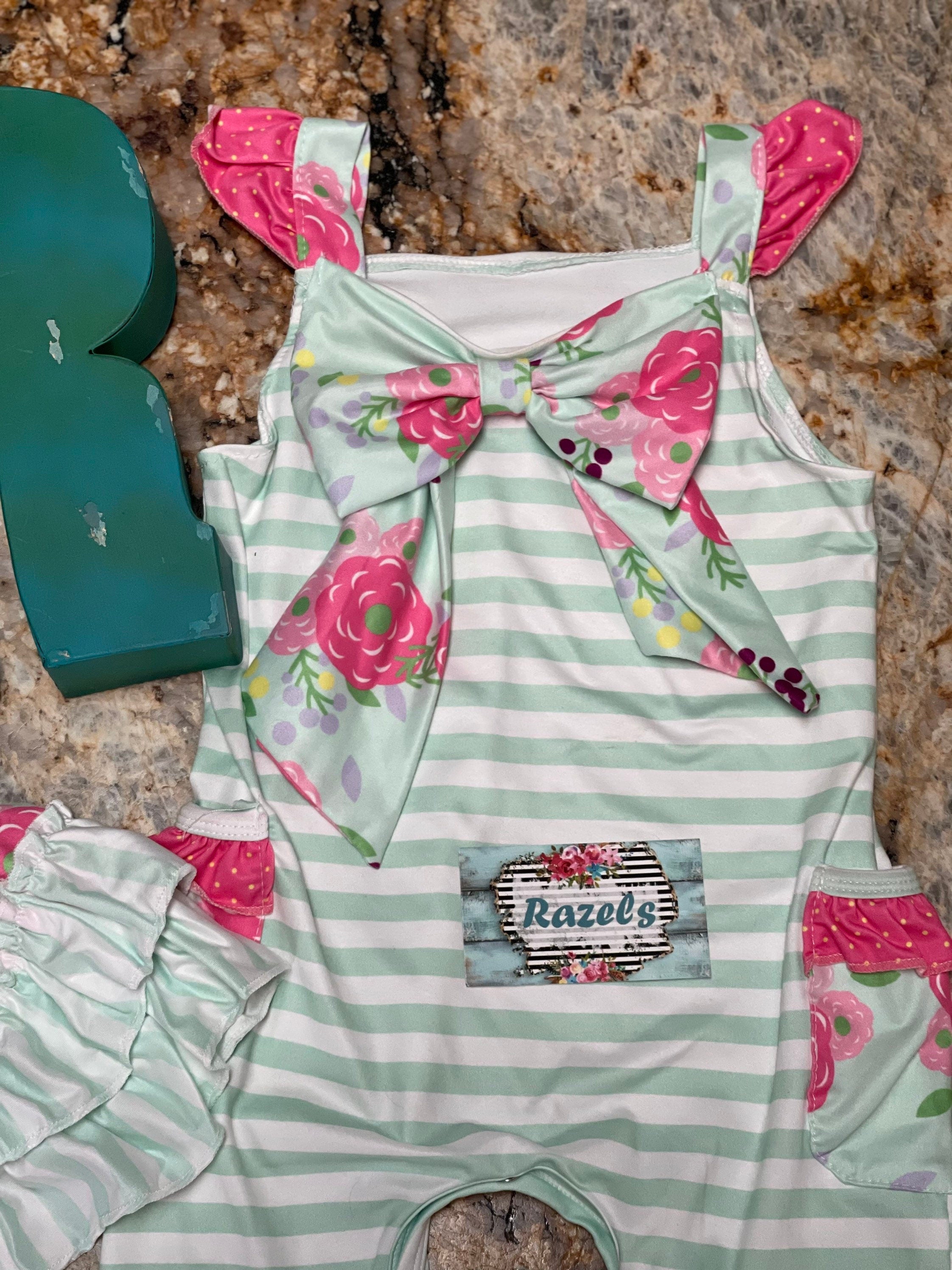 Spring Floral ROMPER Baby Girl, Striped Romper – 18/24M – LAST ONE! -Razels