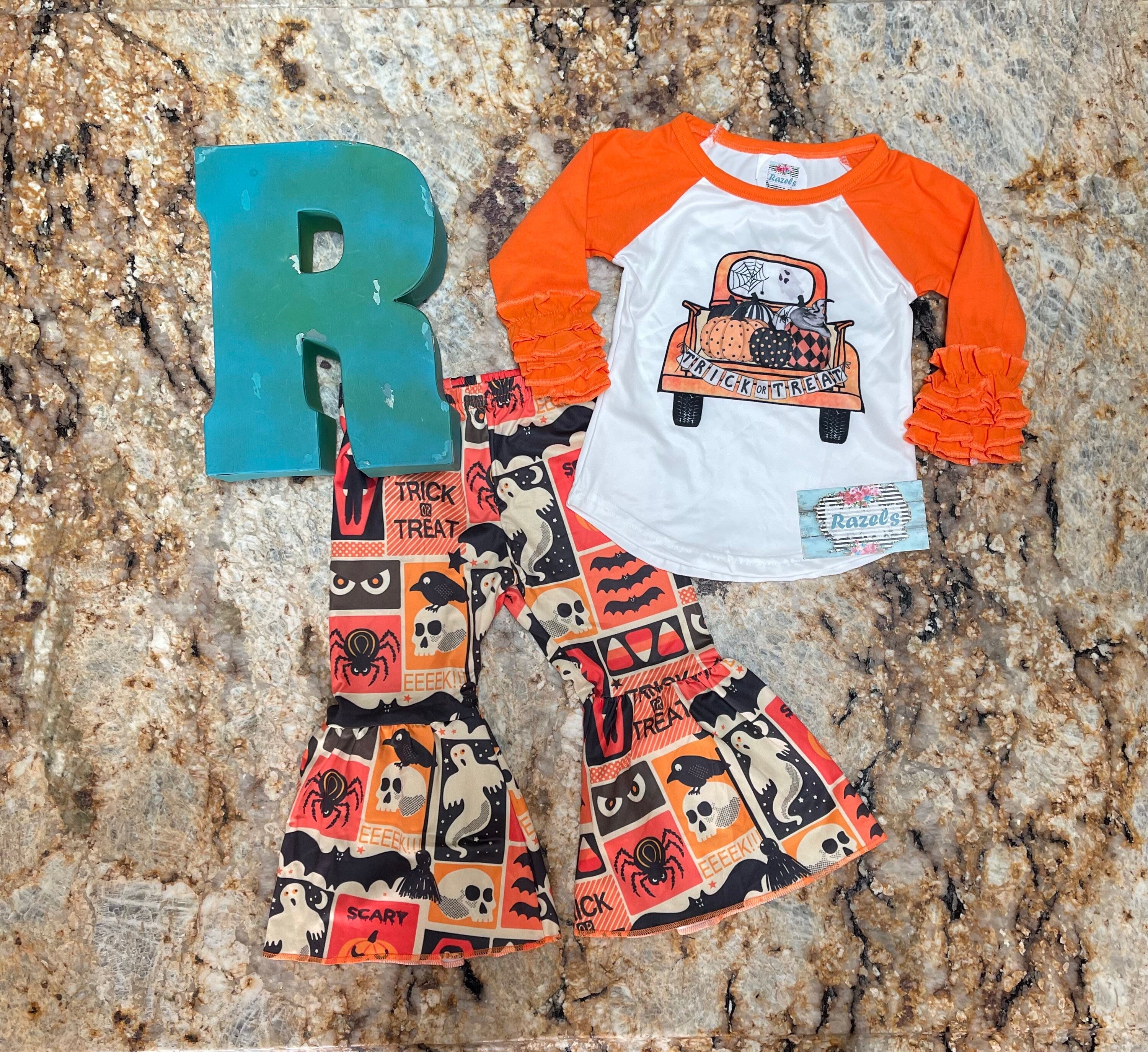 GirlsHalloween Bell Bottom Outfit. Halloween Truck Trick or Treat