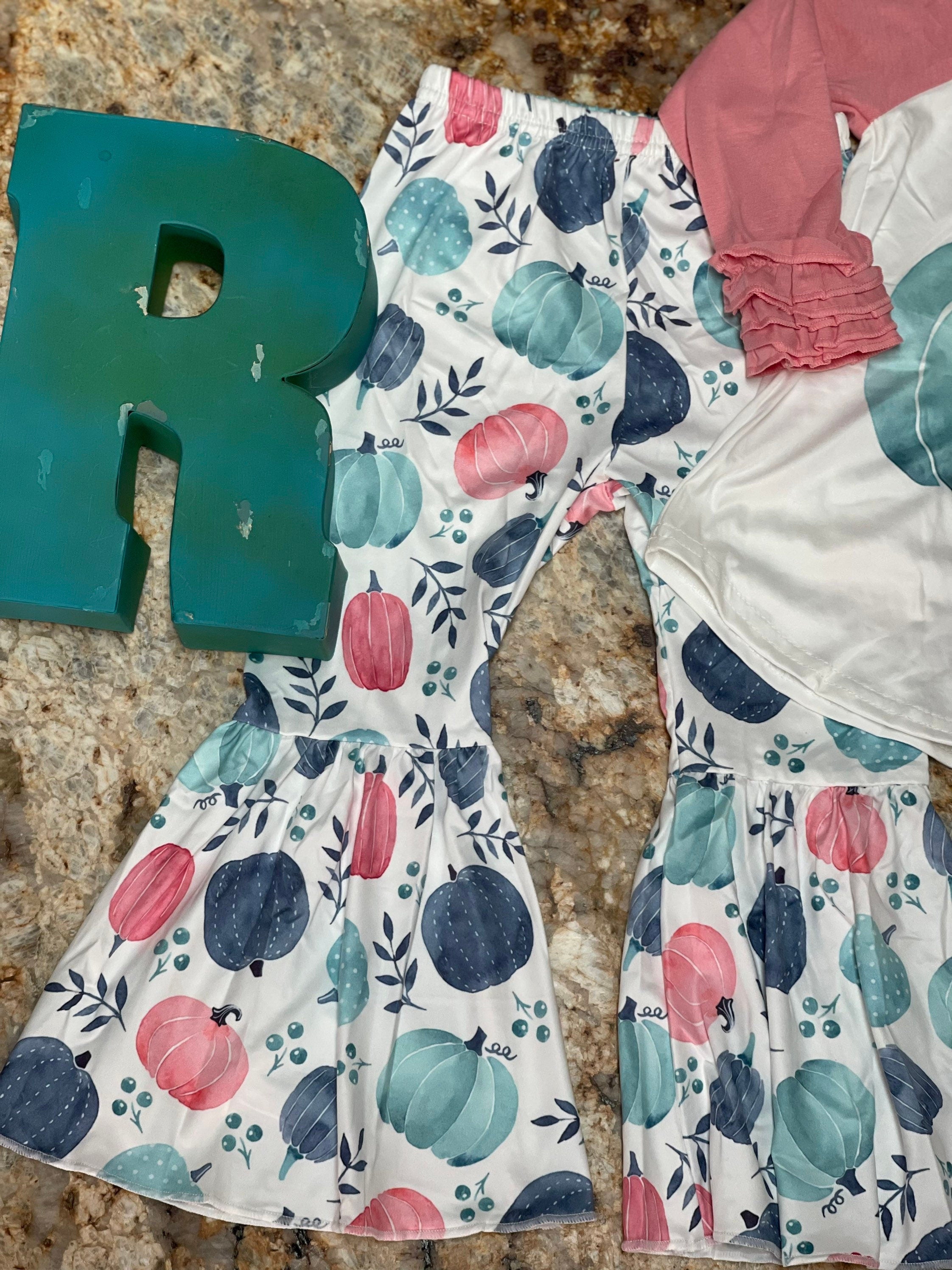 Girls 3t Pumpkin Outfit, Pink and Turquoise Pumpkin Bell Bottoms and Ruffle Sleeve Pumpkin Shirt, FALL Baseball Tee