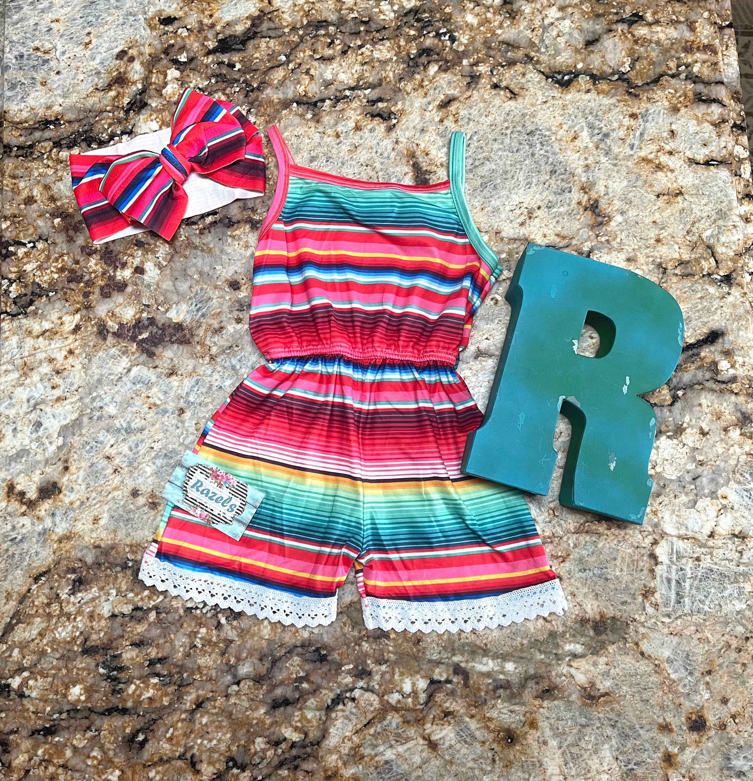Girls Pink Striped Romper: Serape Fiesta Lace Jumpsuit -Razels