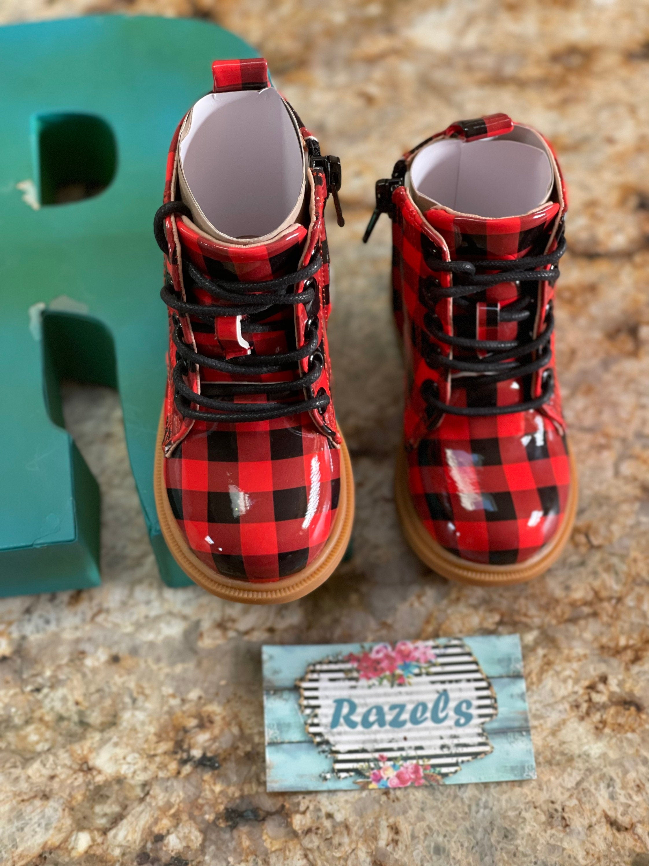 Buffalo Plaid Boots Kids Red & Black Checkered Ankle Boots Cozy Winter Footwear -Razels