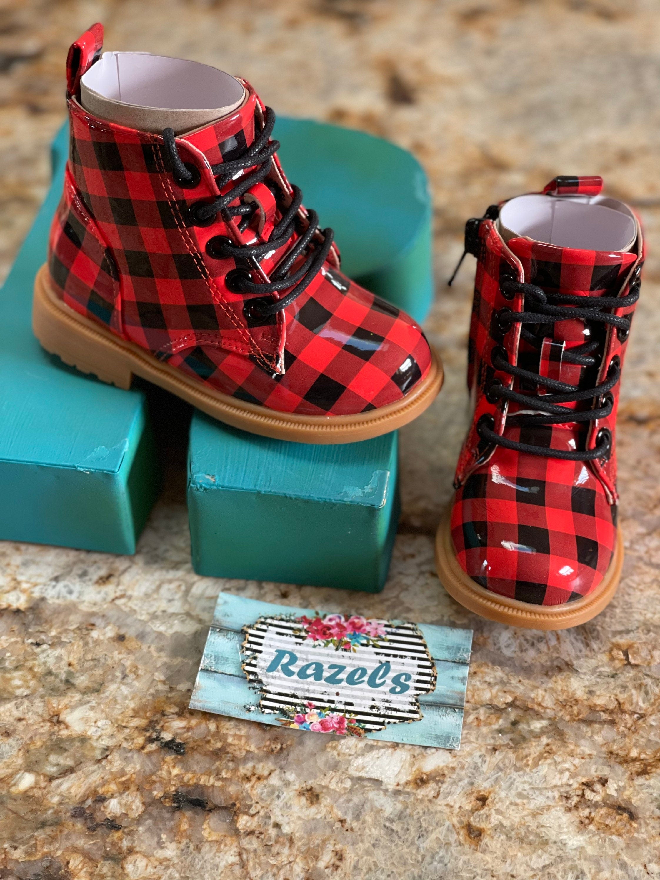 Buffalo Plaid Boots Kids Red & Black Checkered Ankle Boots Cozy Winter Footwear -Razels