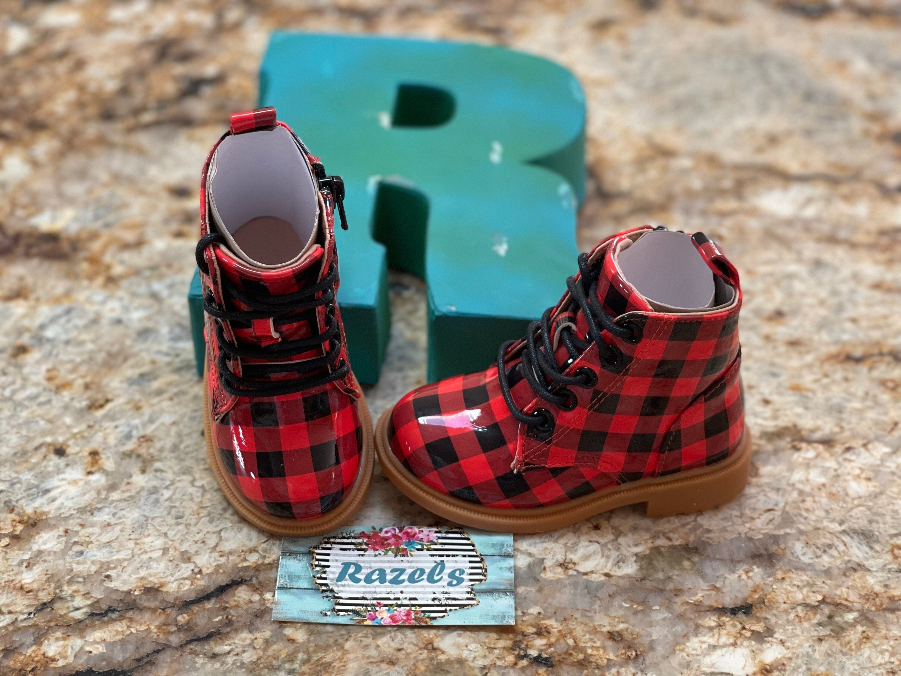 Buffalo Plaid Boots Kids Red & Black Checkered Ankle Boots Cozy Winter Footwear -Razels