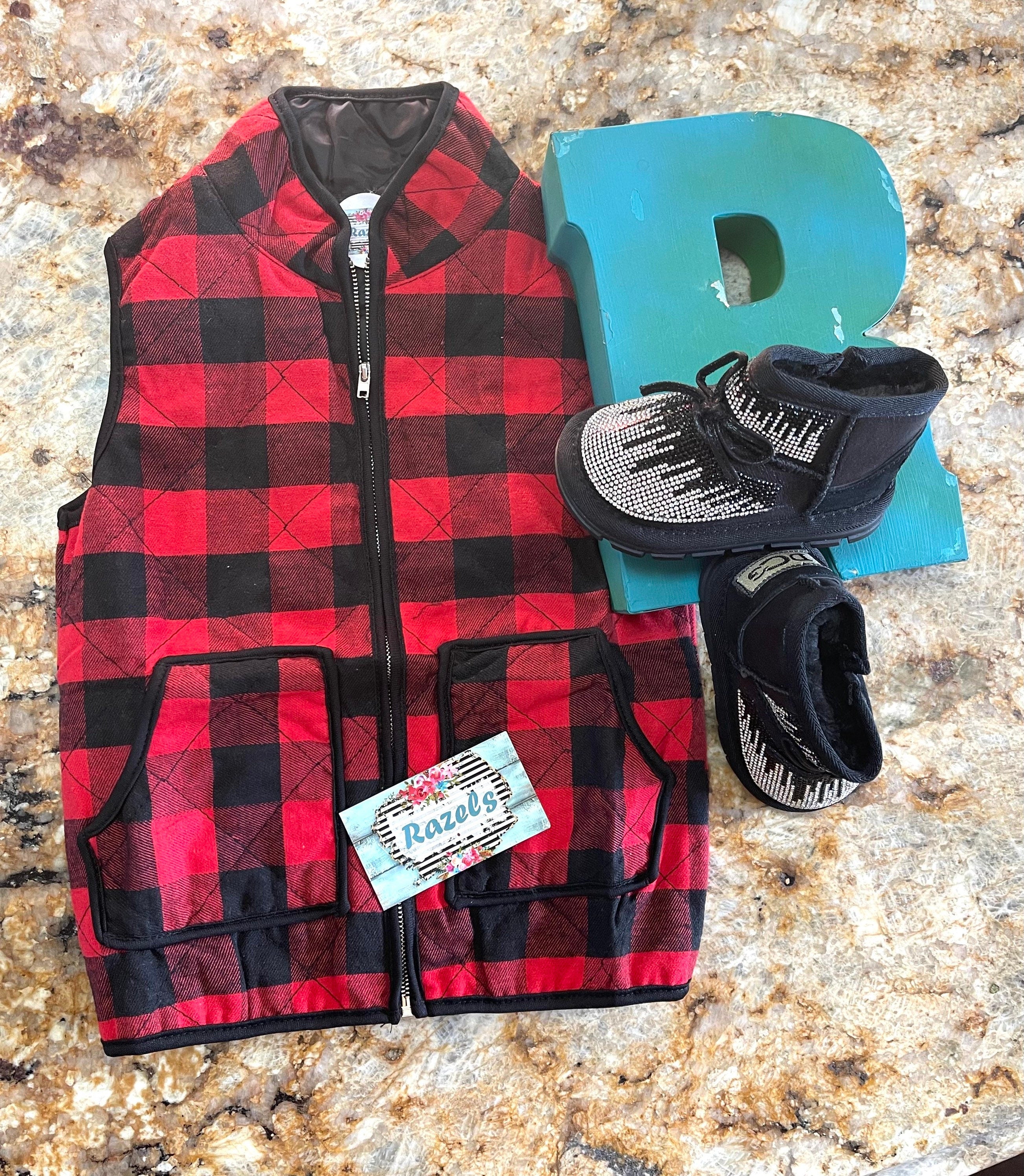 kids red and black buffalo check vest. Christmas Season Vest features a quilted design, zipper and two front pockets. Winter glitter boots for babies also available.