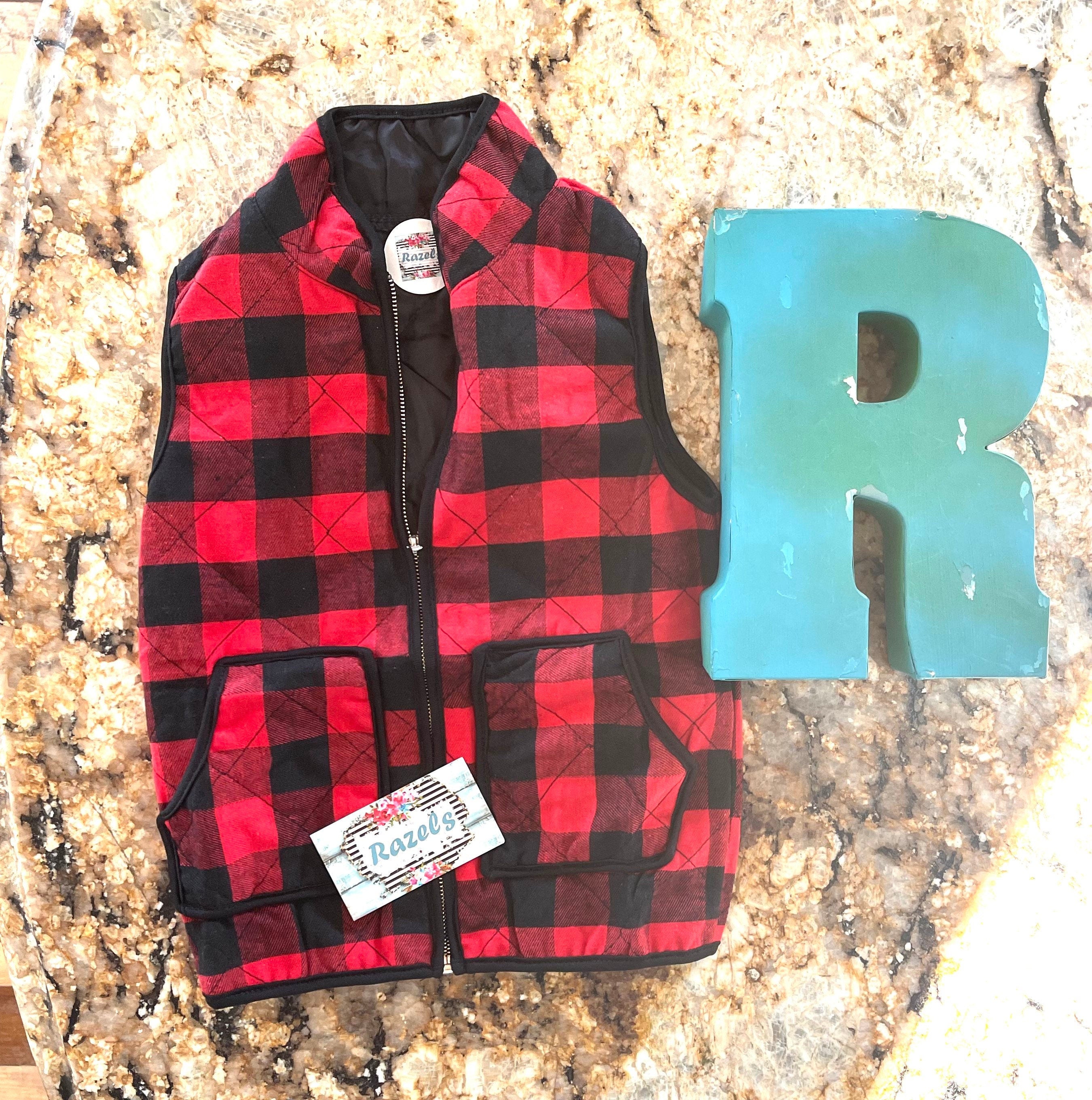 kids red and black buffalo check vest. Christmas Season Vest features a quilted design, zipper and two front pockets.
