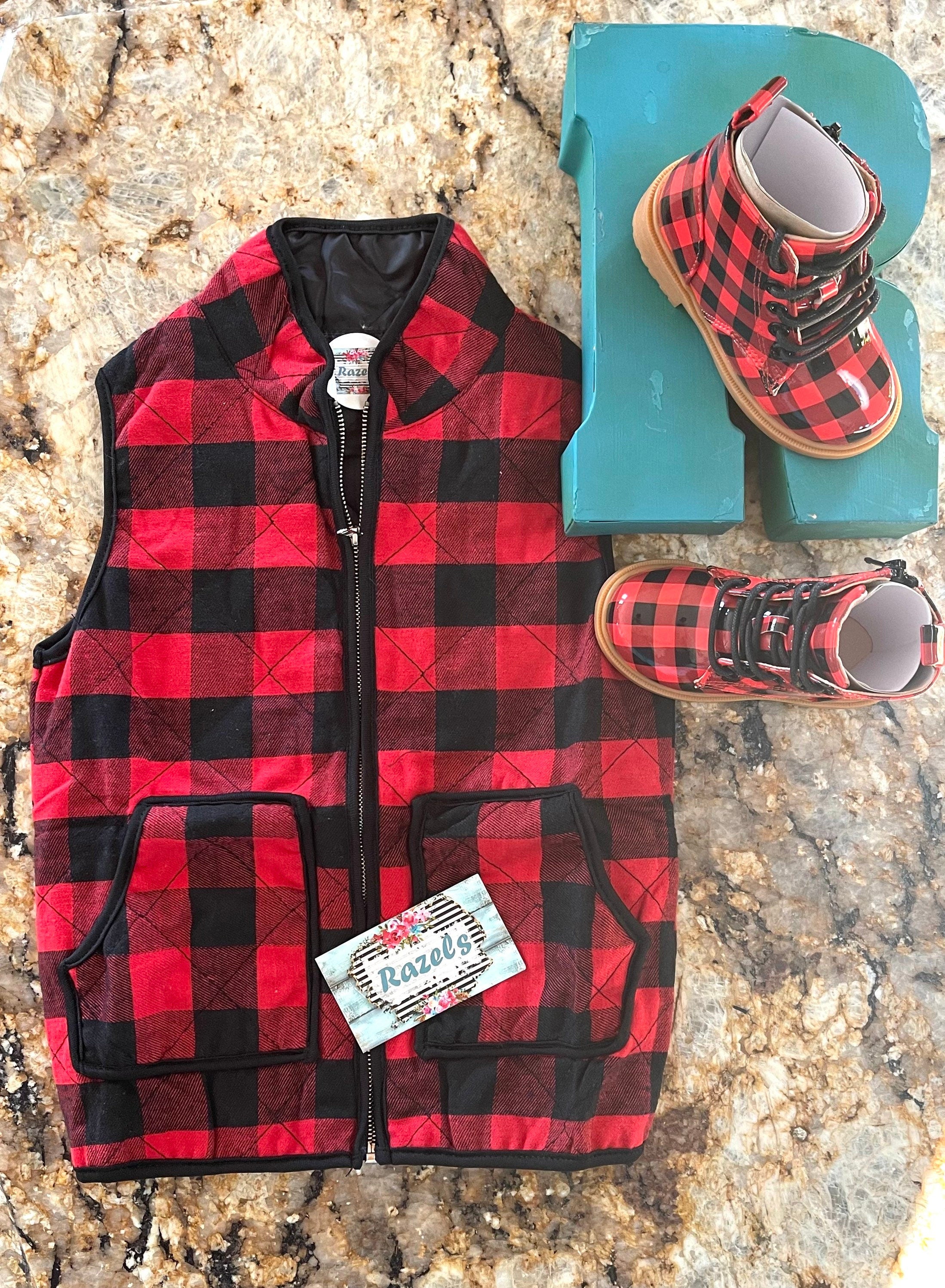 kids red and black buffalo check vest. Christmas Season Vest features a quilted design, zipper and two front pockets. buffalo plaid boots for toddlers also available.