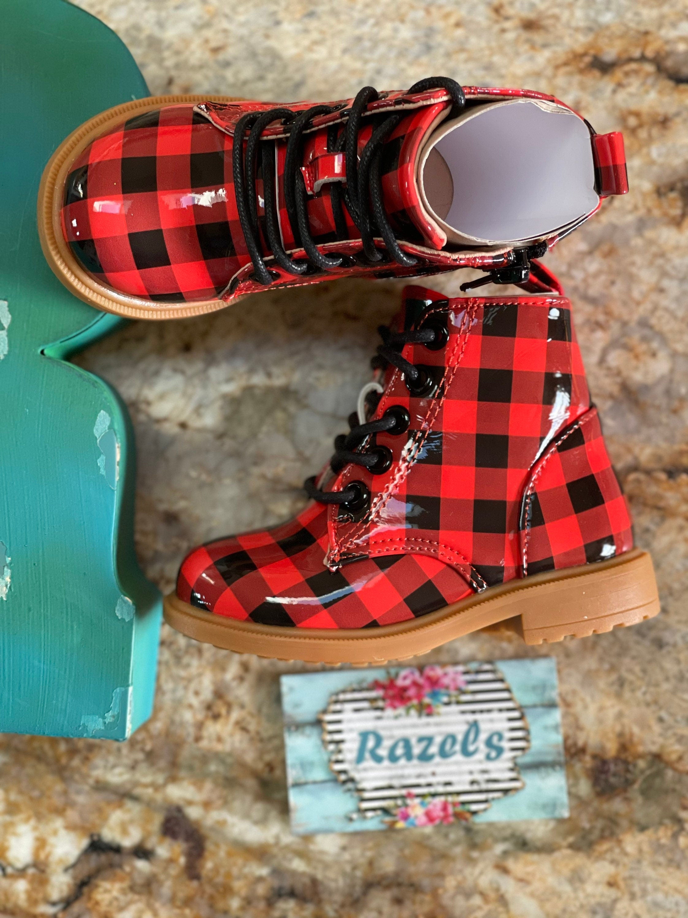 Buffalo Plaid Boots Kids Red & Black Checkered Ankle Boots Cozy Winter Footwear -Razels