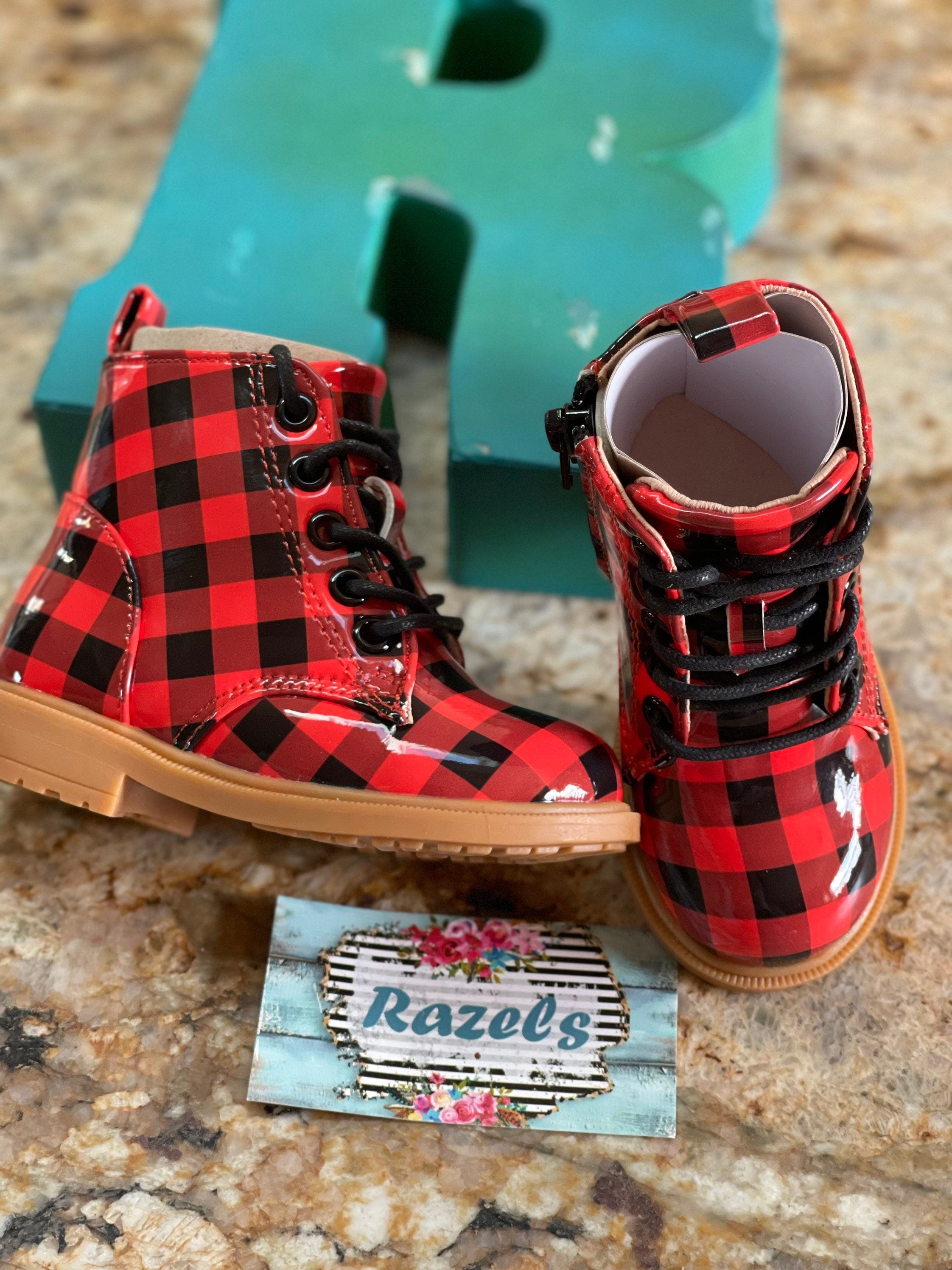 Buffalo Plaid Boots Kids Red & Black Checkered Ankle Boots Cozy Winter Footwear -Razels