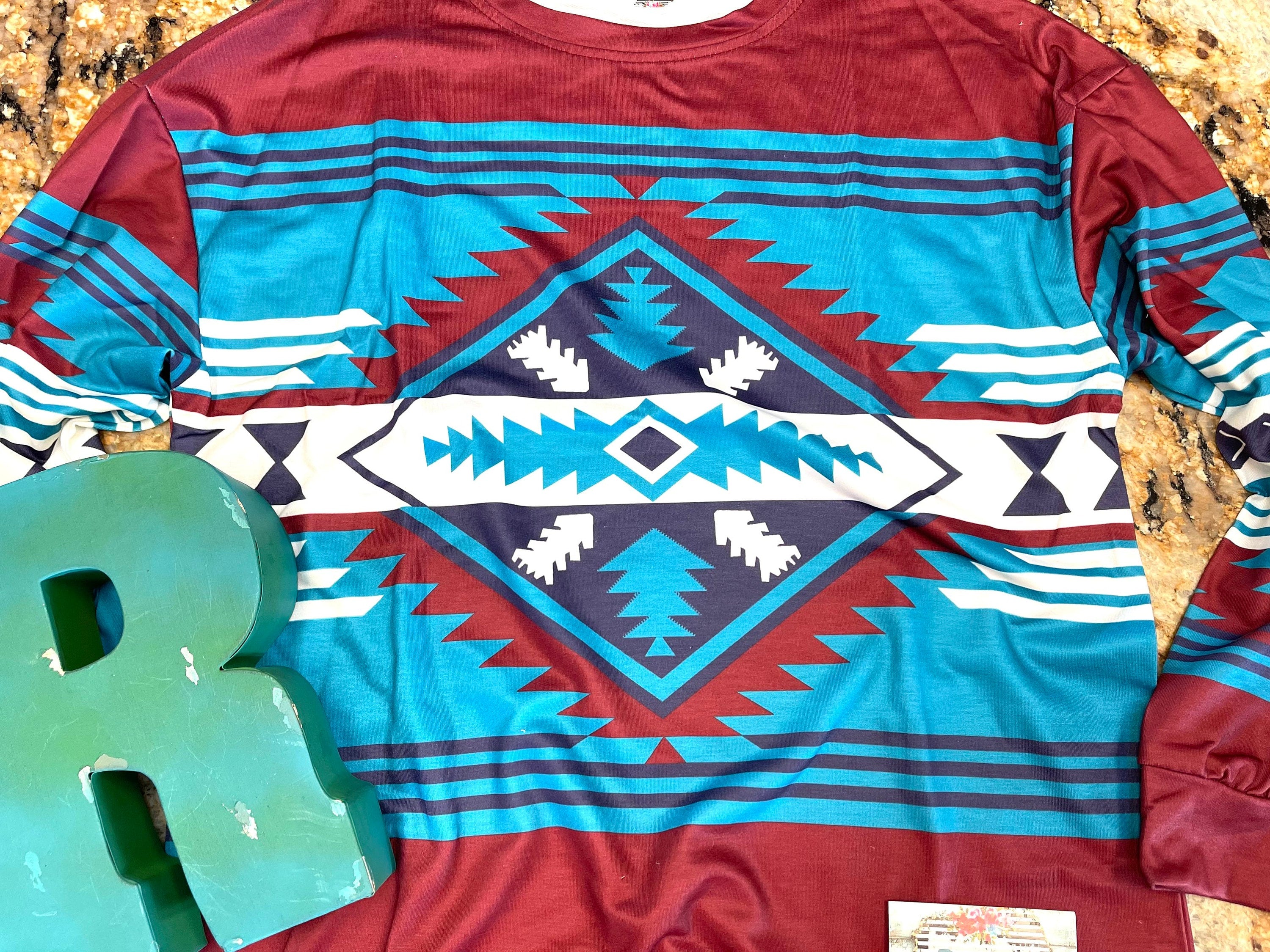 Small Maroon Aztec Sweatshirt, Lightweight Western Cowgirl Top -Razels