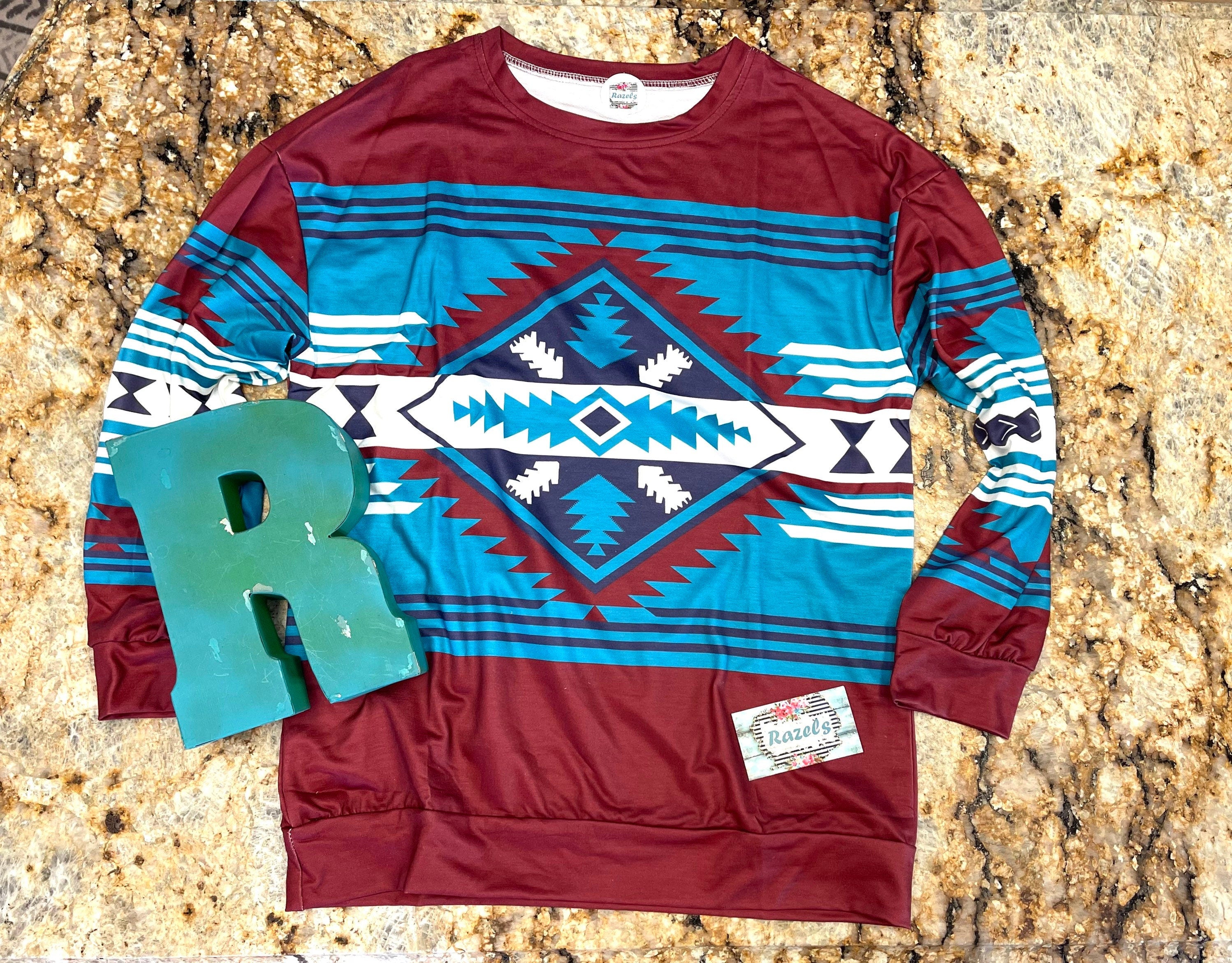 Small Maroon Aztec Sweatshirt, Lightweight Western Cowgirl Top -Razels