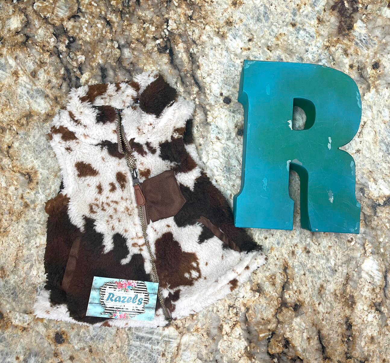 Kids COW Print SHERPA Vest, Cowhide Full Zip Vest -Razels