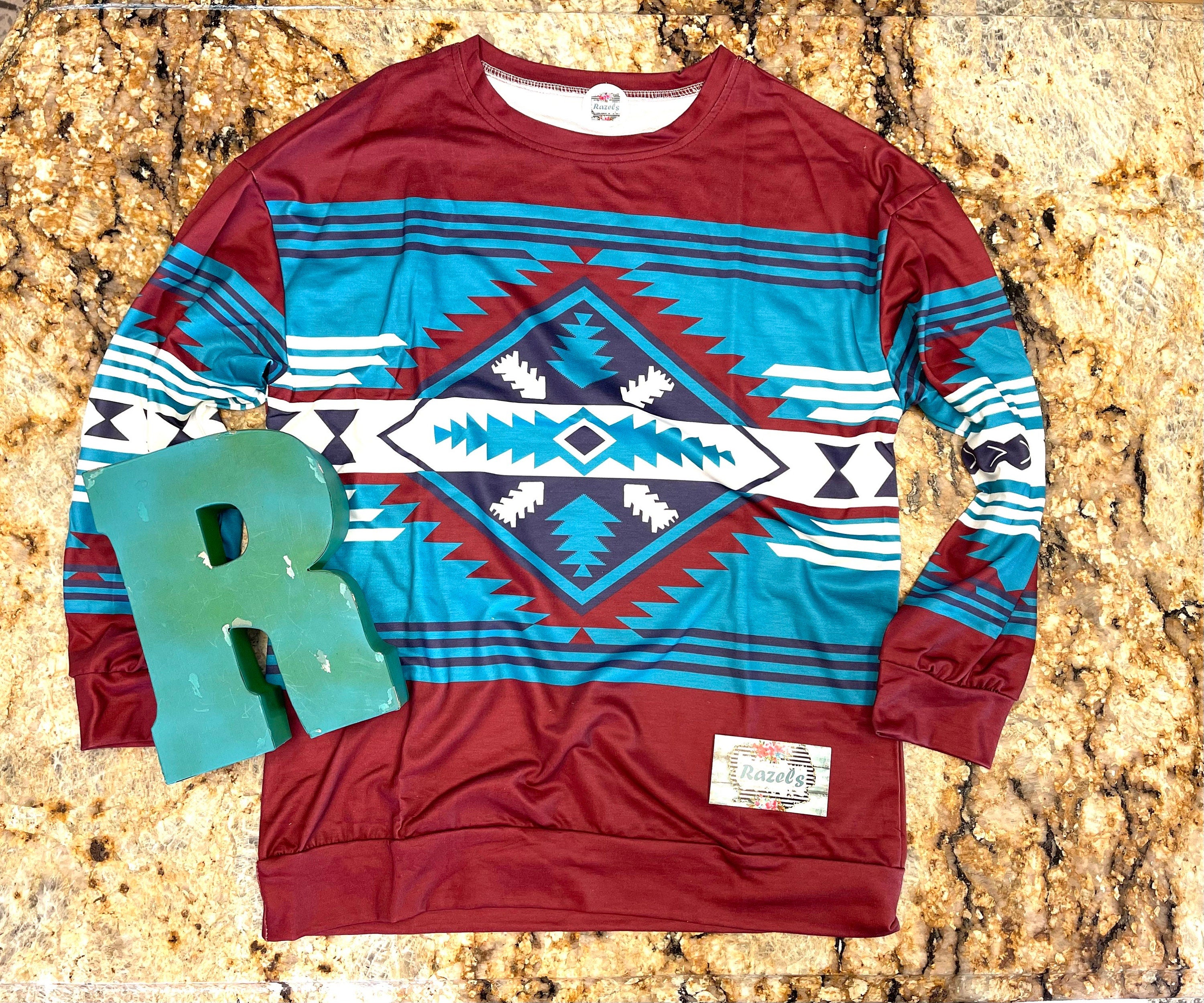 Small Maroon Aztec Sweatshirt, Lightweight Western Cowgirl Top -Razels