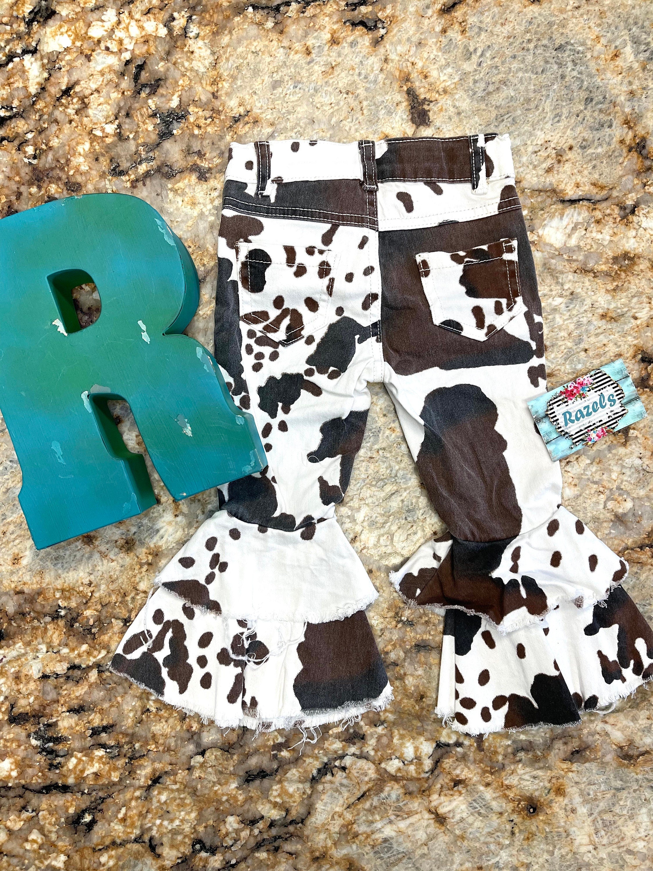 Girls Cowprint Cowgirl Jeans – Girls Western Bell Bottoms | Kids Fall Outfit | Christmas Gift Idea -Razels