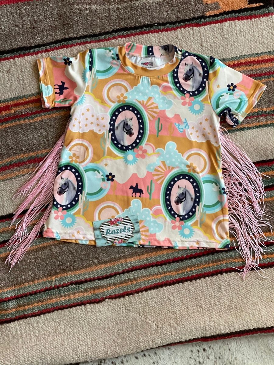 Girls Western Cowprint Fringe T-Shirt Dress: Boho Horse Tunic -Razels
