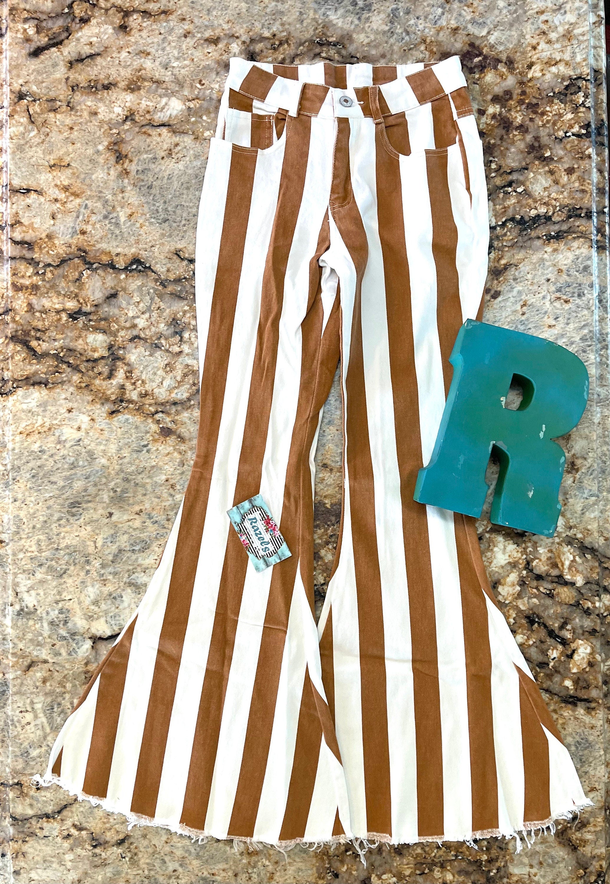 adult STRIPED Bell Bottom Jeans, Boho COWGIRL Frayed Flare Jeans