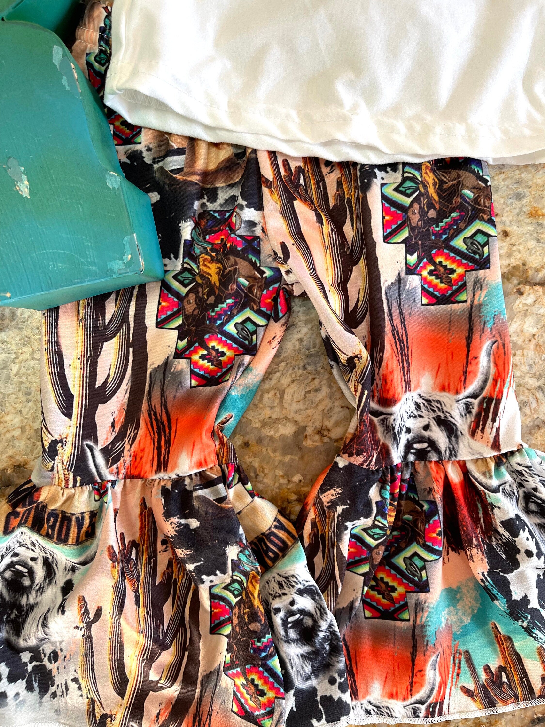 The WorldNeedsMore Cowboys Bell Bottom Outfit, Girls Western pants and t-shirt,