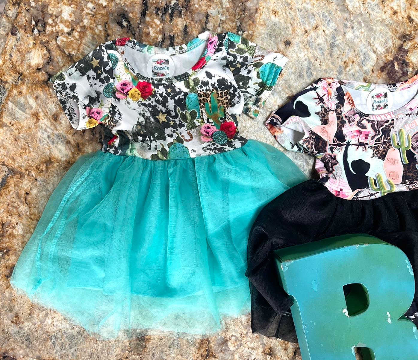 Western Party Dress for Girls | TUTU Dress, Cowgirl Birthday Dress, Western Flower Girl Dress for girls, toddlers and babies. Dress is available in turquoise, black and peach. Each tutu skirt bottom has it's own western print top. So cute!