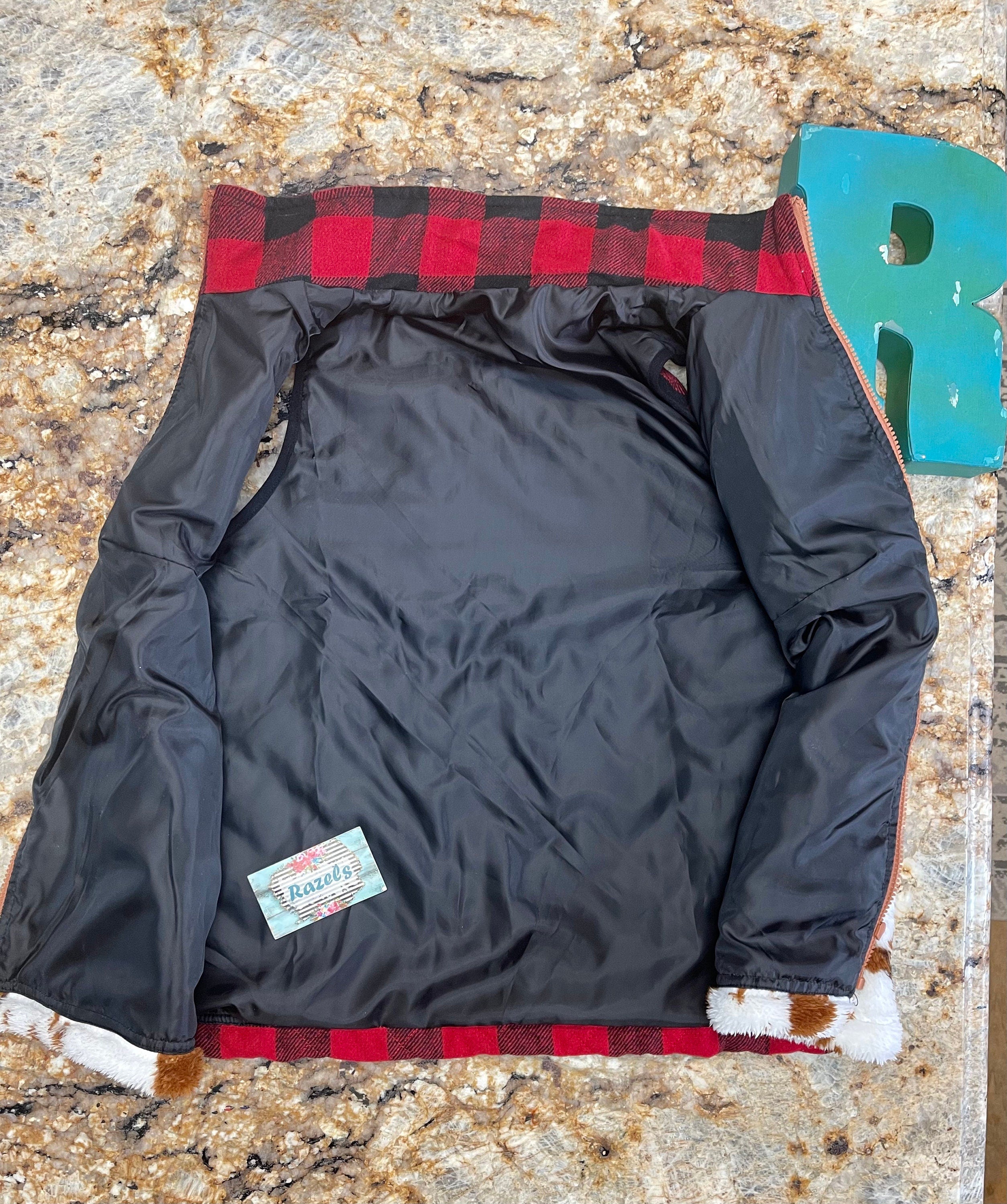 Cowprint Buffalo Plaid Vest, Sherpa Buffalo Check Brindle Cowhide Vest