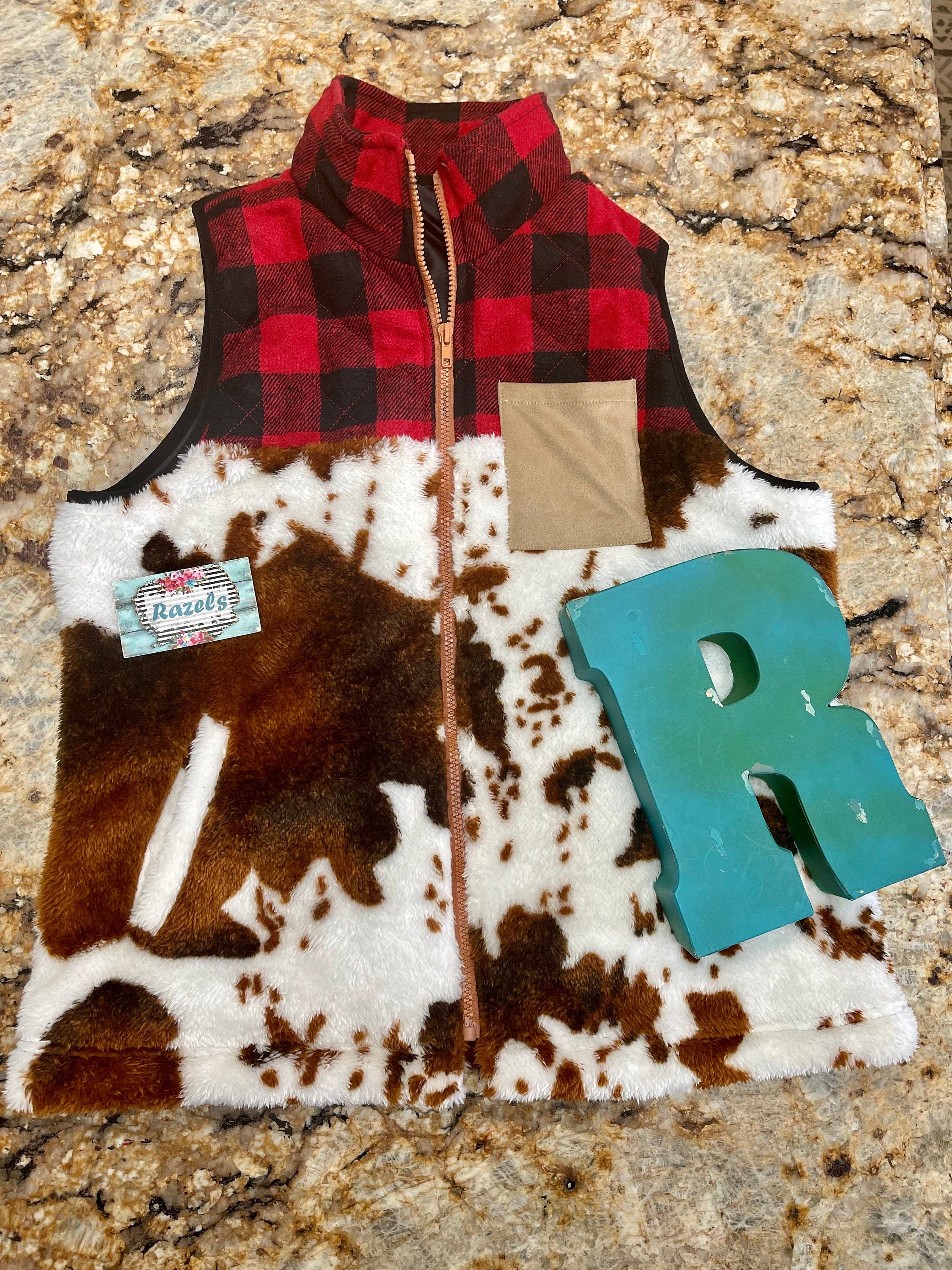 Cowprint Buffalo Plaid Vest, Sherpa Buffalo Check Brindle Cowhide Vest