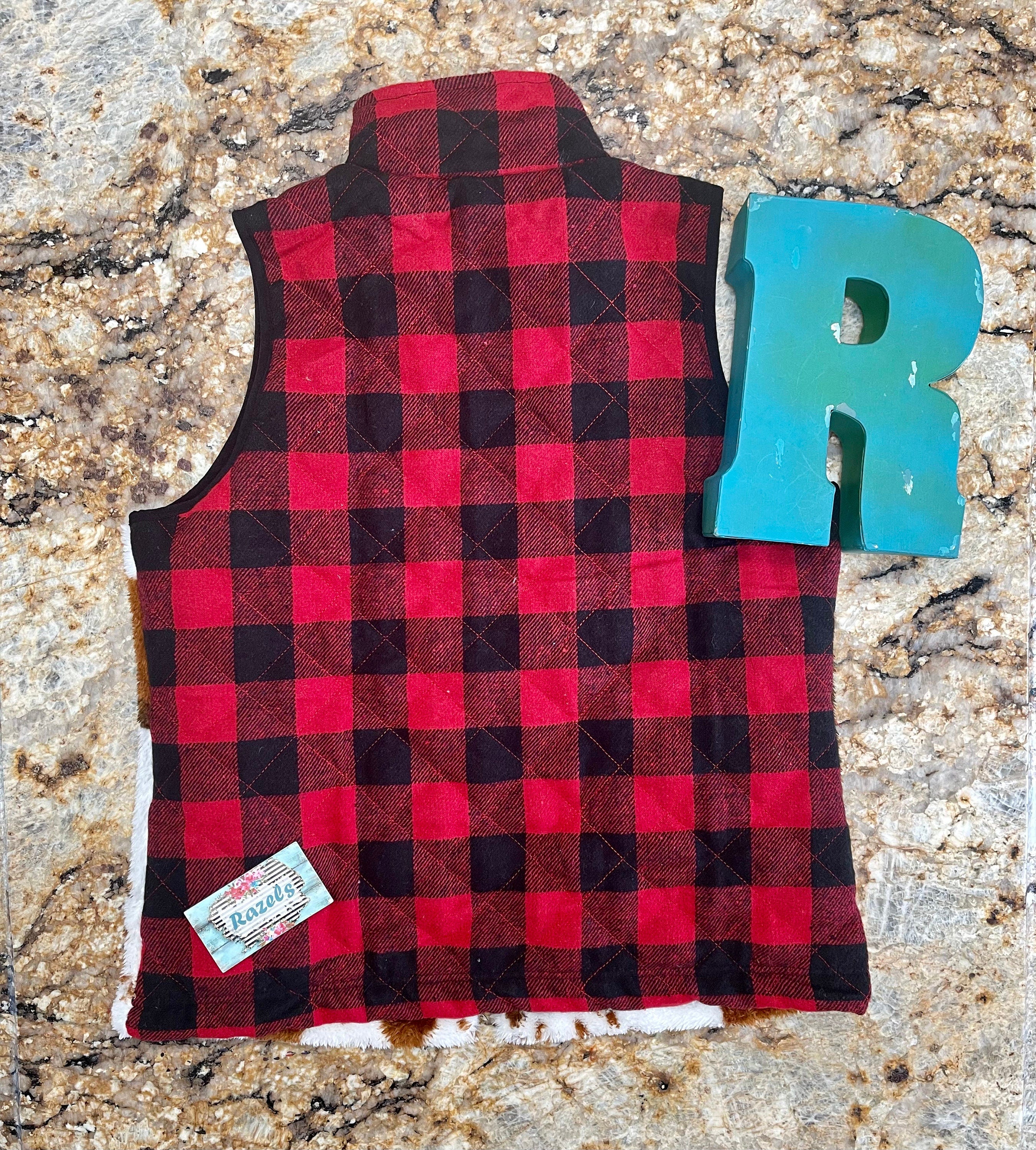 Cowprint Buffalo Plaid Vest, Sherpa Buffalo Check Brindle Cowhide Vest