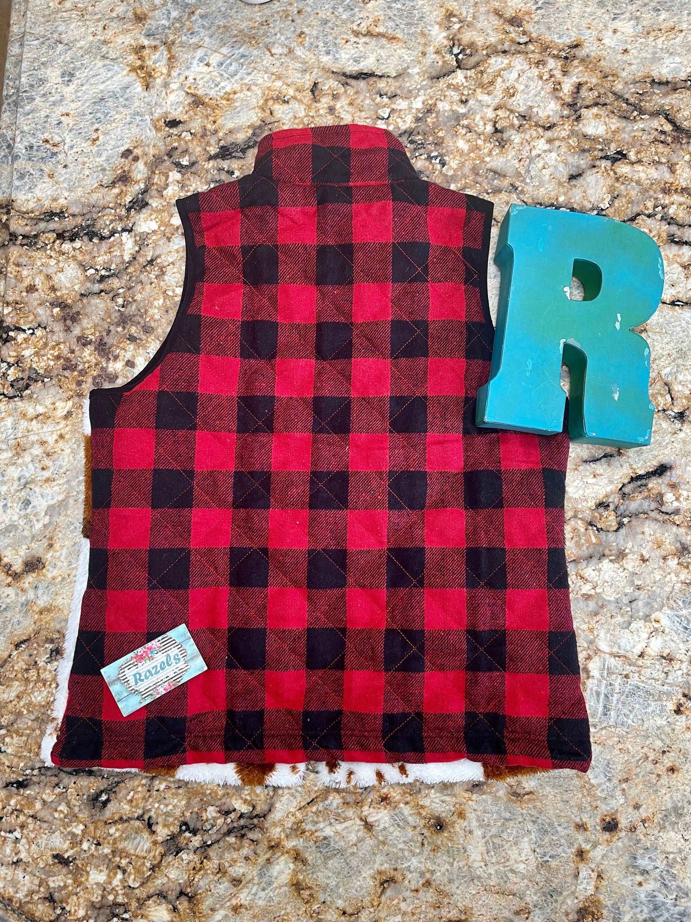 Cowprint Buffalo Plaid Vest, Sherpa Buffalo Check Brindle Cowhide Vest