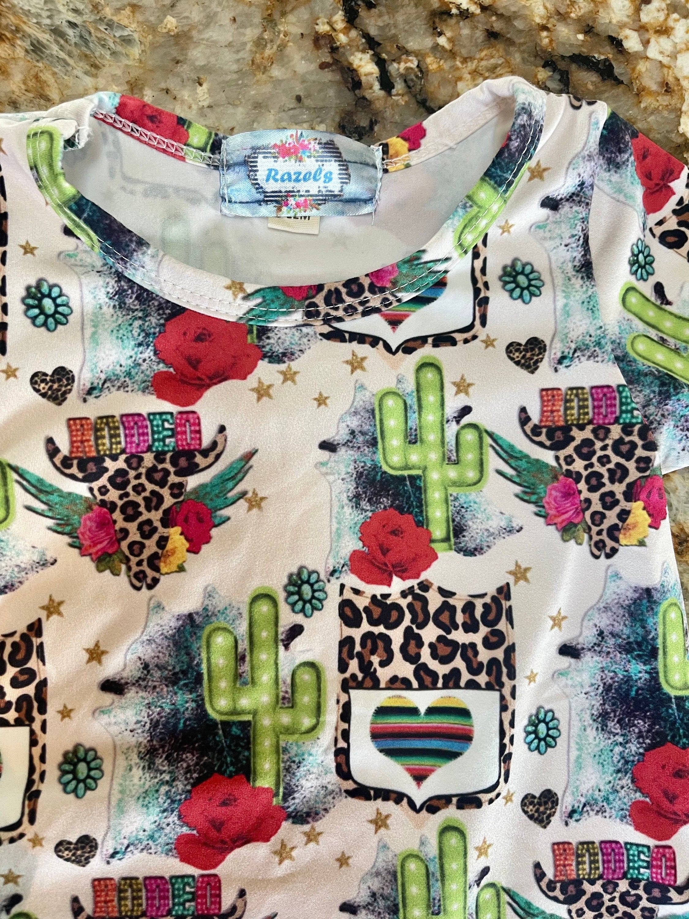 Cowgirl Dress for Kids Toddler & Baby - Rodeo T-Shirt Dress with Cheetah Skull, Cactus and Back Number Design -Razels