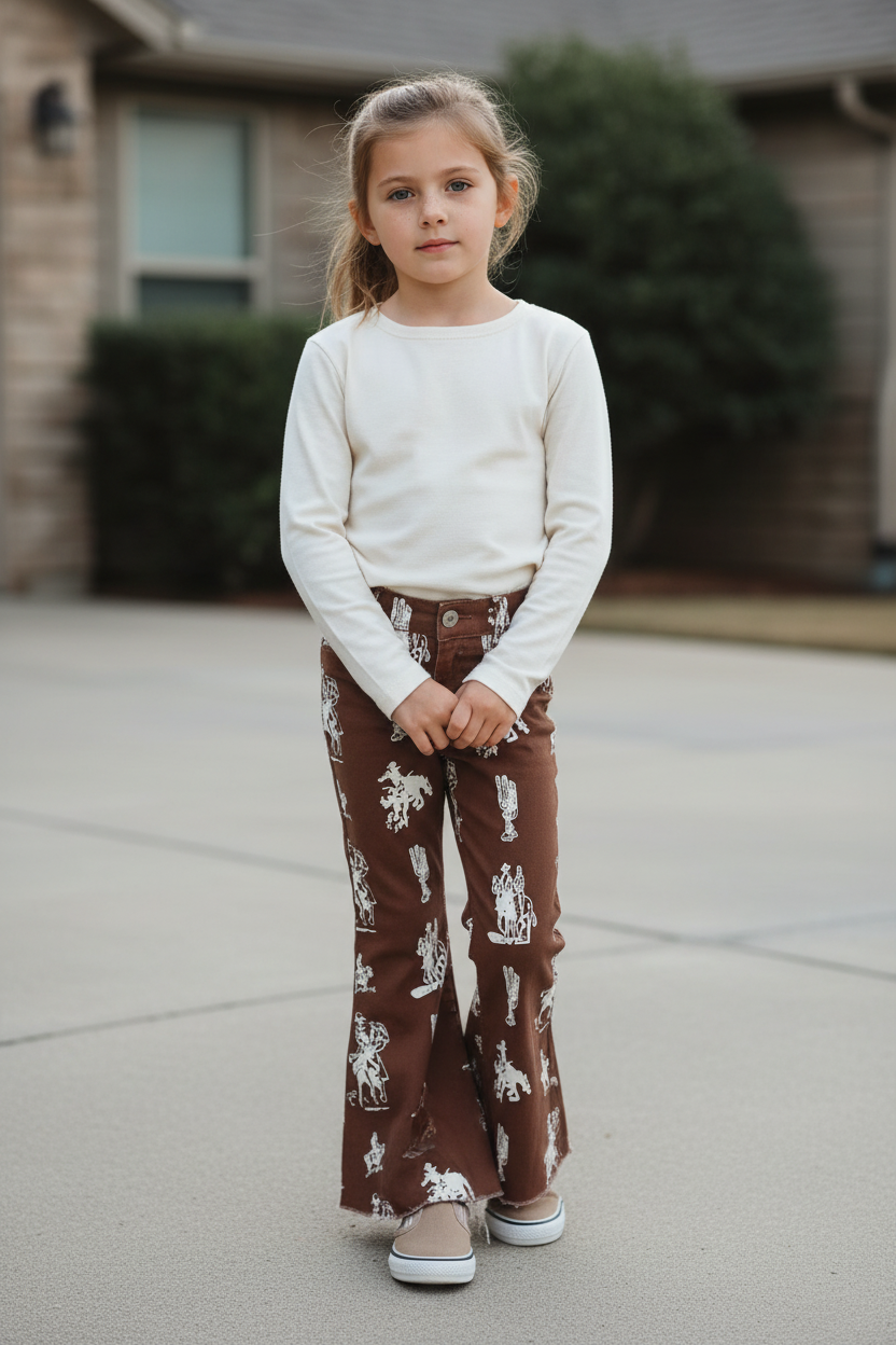 Girls Vintage Cowboy Bell Bottom Jeans | Western Kids Flare Pants