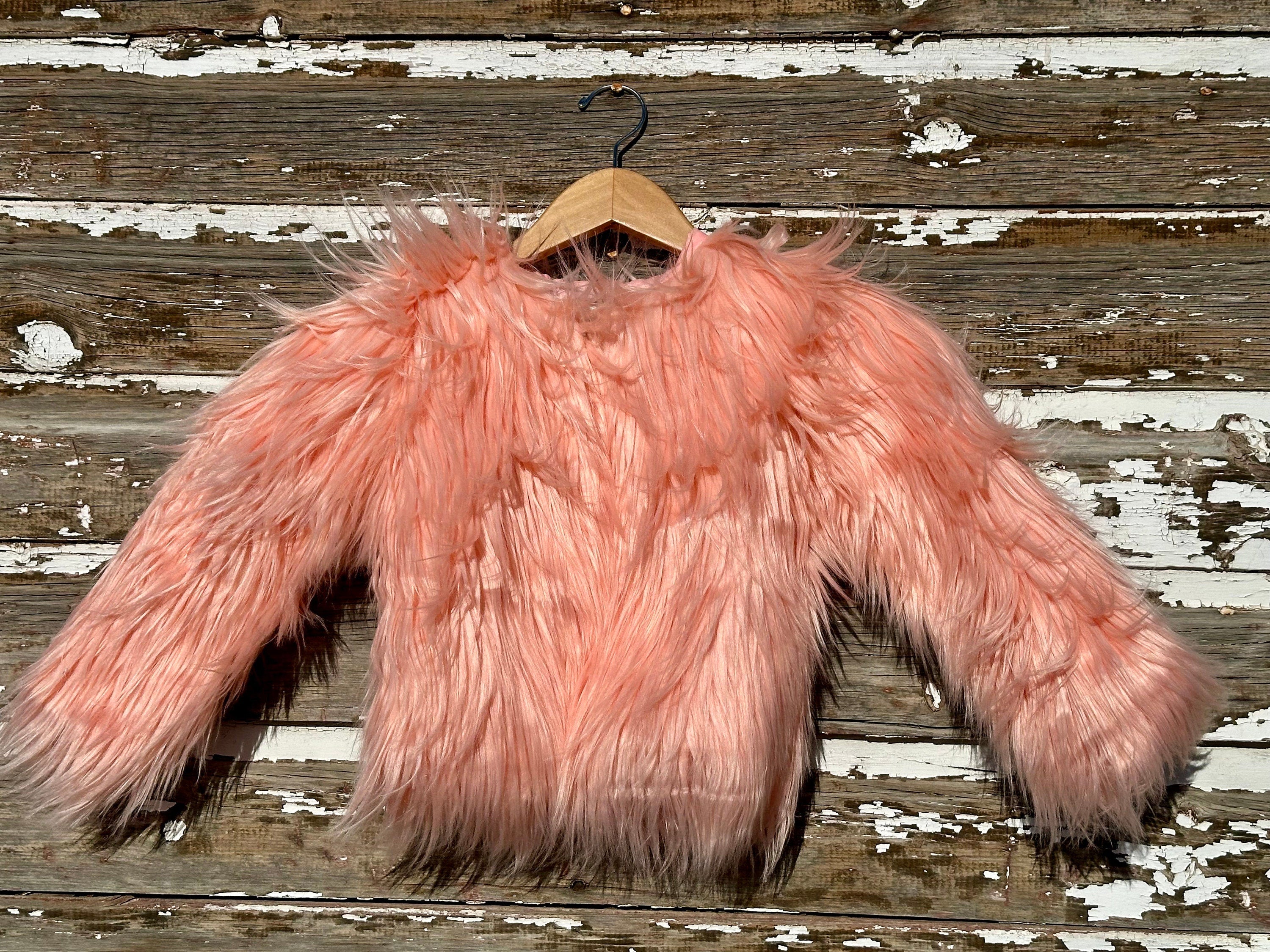 Girls pink fur coat features a fabulous shaggy fur exterior, silky smooth lining, and convenient eye and hook closures. She’ll feel and look like a princess in this stunning coat from Razels.
